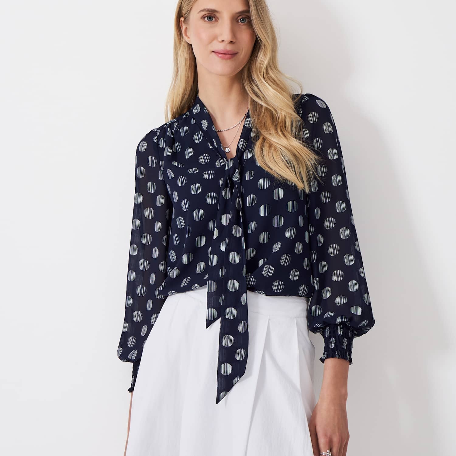 Crew Clothing Women's Chiffon Spot Print Tie Neck Blouse - 10 - Navy - Available at M&S