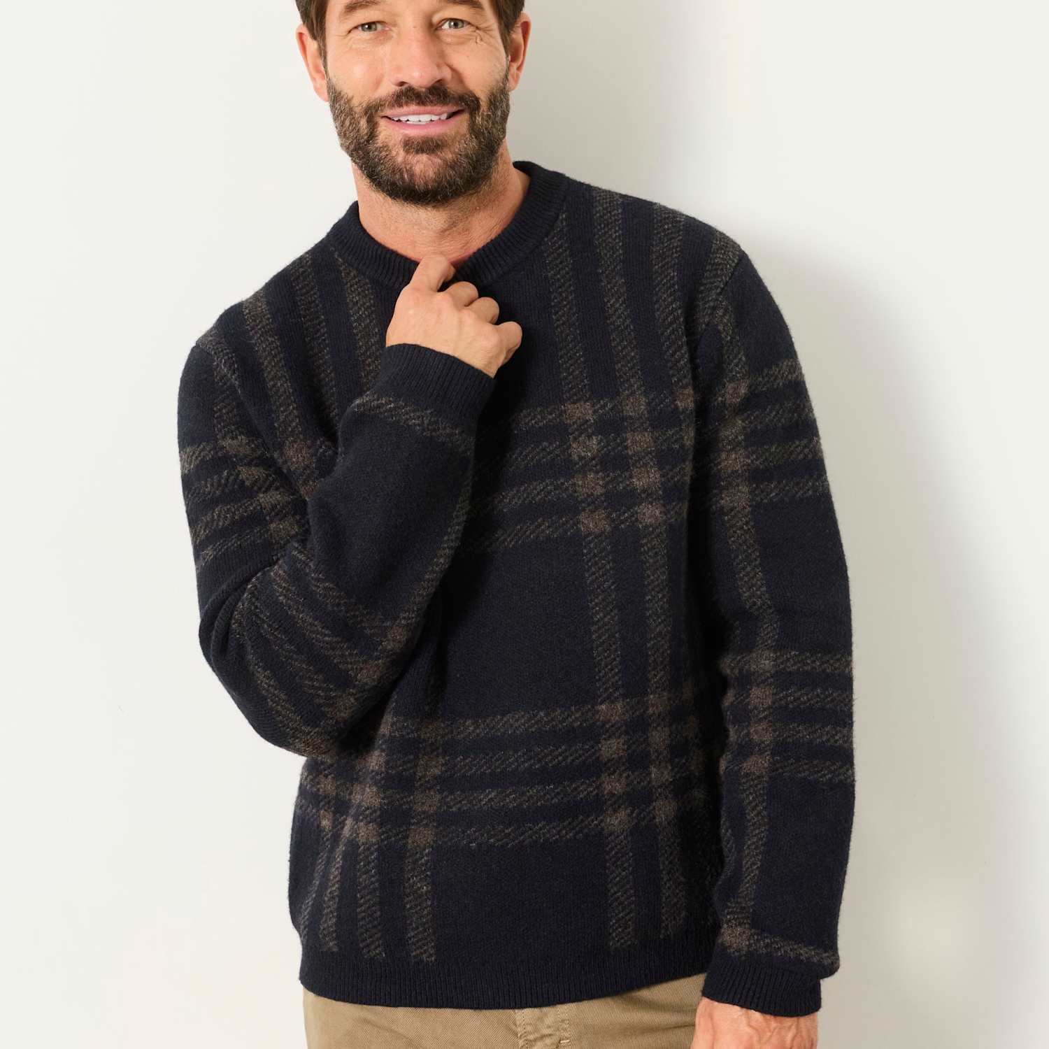 Fatface Men's Checked Crew Neck Jumper - M - Navy Mix - Available at M&S