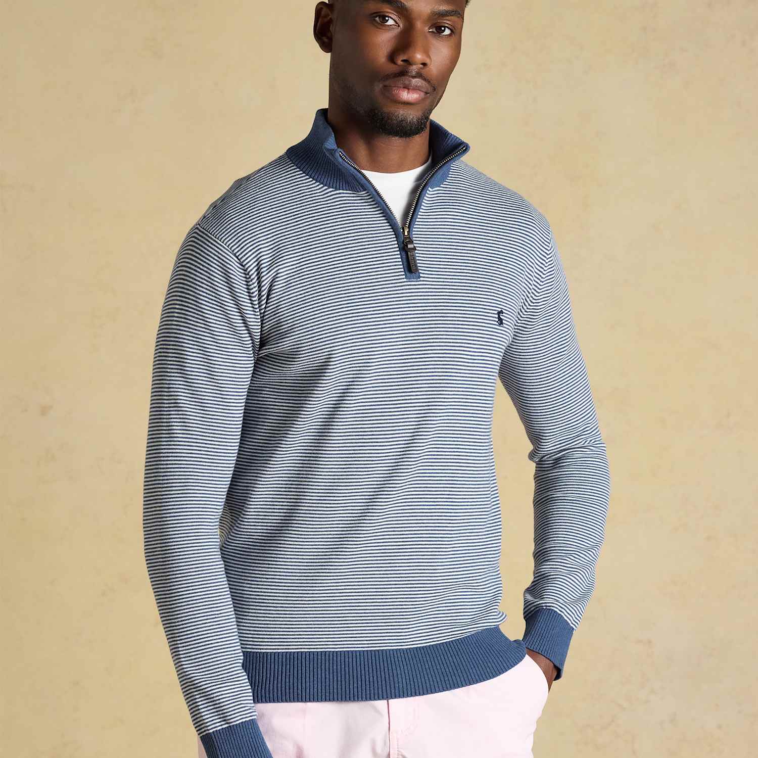 Joules Men's Pure Cotton Striped Quarter Zip Jumper - L - Blue Mix - Available at M&S