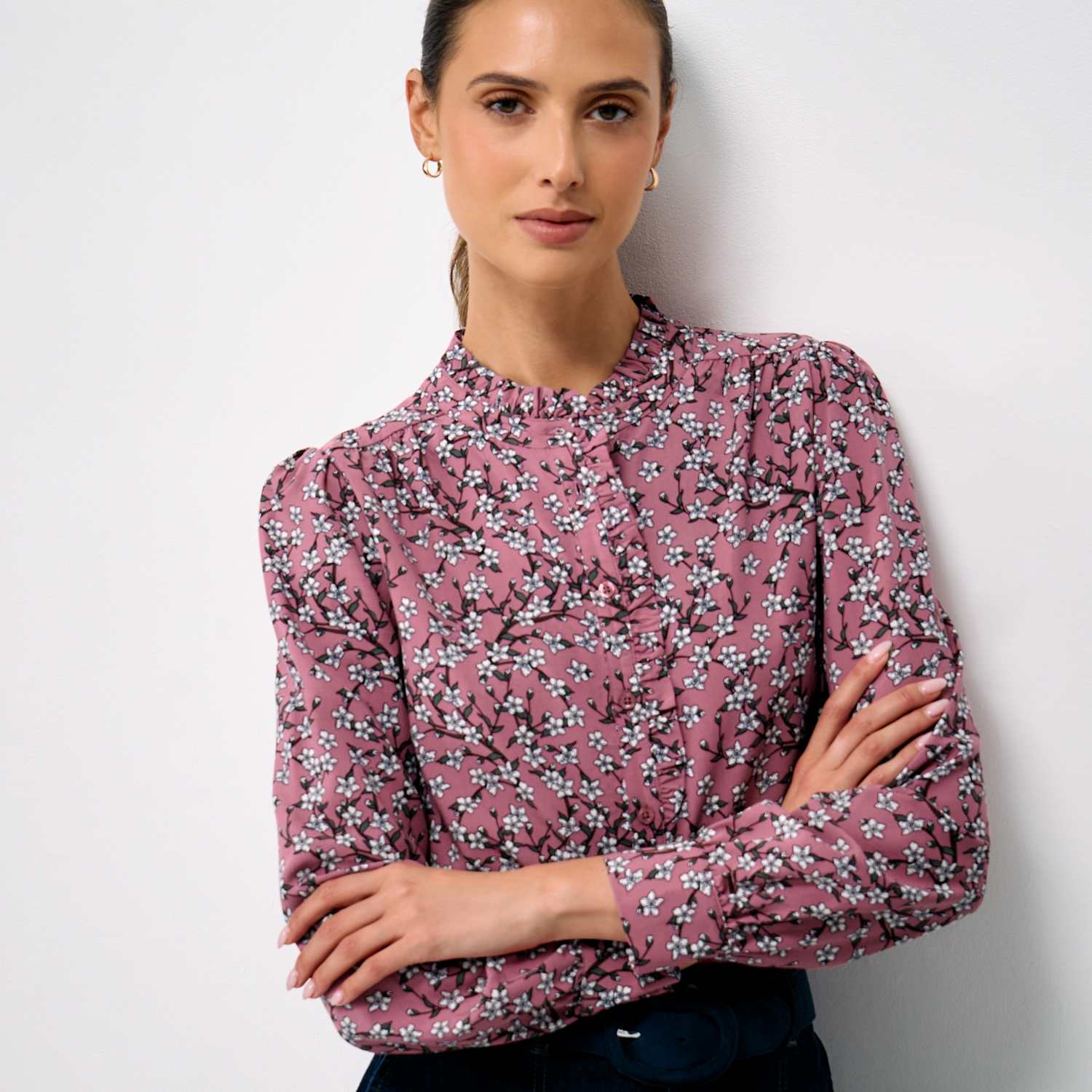 Crew Clothing Women's Floral Frill Button Through Relaxed Blouse - 12 - Soft Pink - Available at M&S