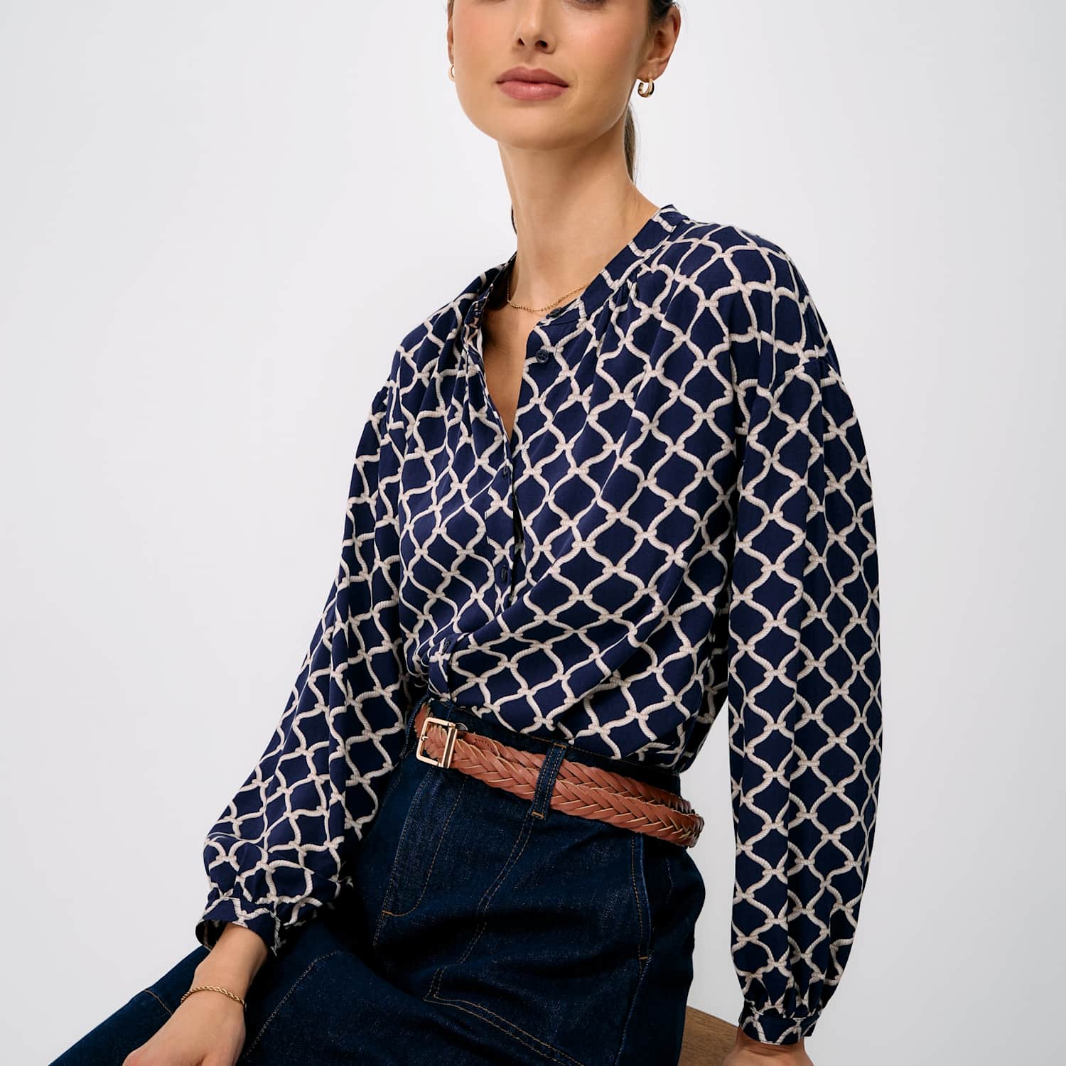 Crew Clothing Women's Rope Print Collarless Button Through Blouse - 16 - Blue Mix - Available at M&S