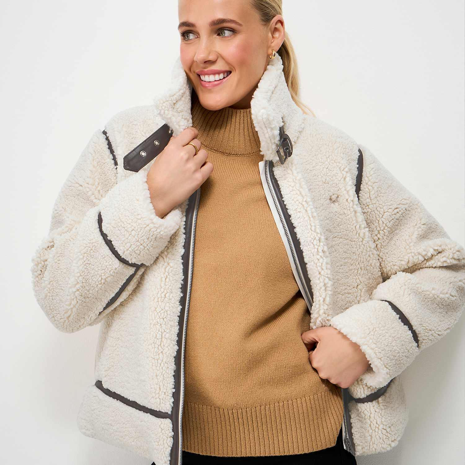 Crew Clothing Women's Borg Faux Leather Trim Aviator Jacket - 6 - Oatmeal - Available at M&S