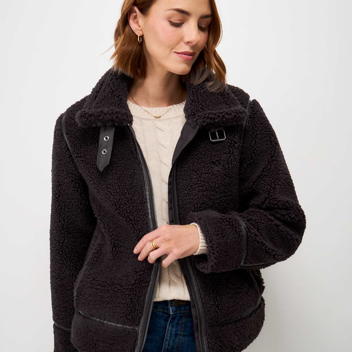 Crew Clothing Women's Borg Faux Leather Trim Aviator Jacket - 14 - Chocolate - Available at M&S