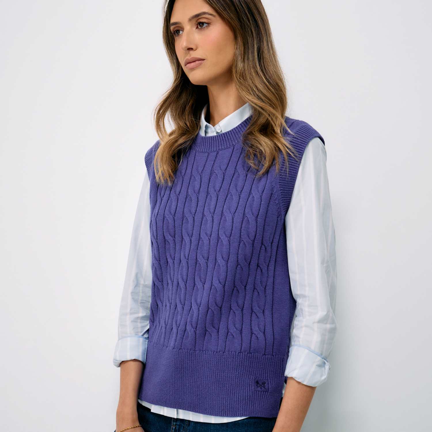 Crew Clothing Women's Pure Cotton Cable Crew Neck Knitted Vest - 10 - Light Blue - Available at M&S