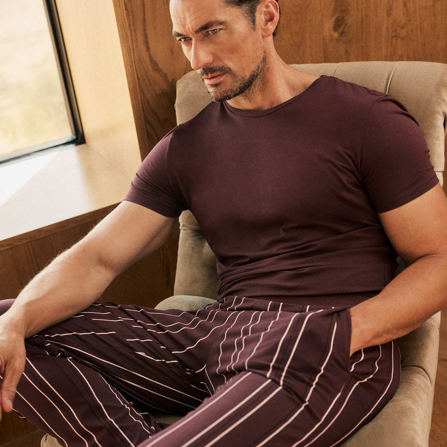 David Gandy Wellwear Men's Cotton Blend Striped Pyjama Set - M - Plum - Available at M&S