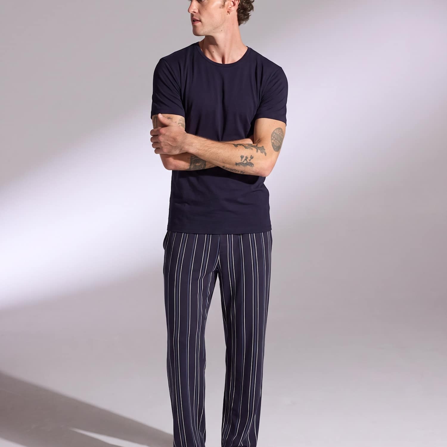 David Gandy Wellwear Men's Cotton Blend Striped Pyjama Set - L - Navy - Available at M&S