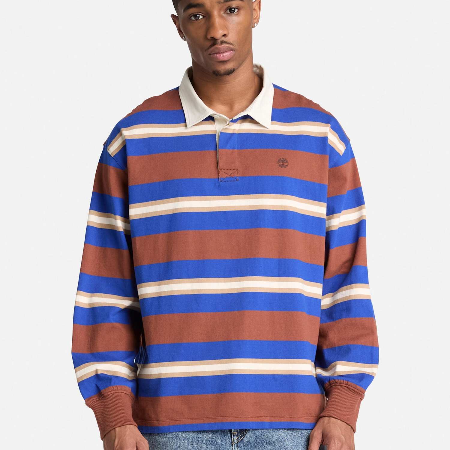 Timberland Men's Cotton Striped Long Sleeve Polo Top - M - Brown Mix