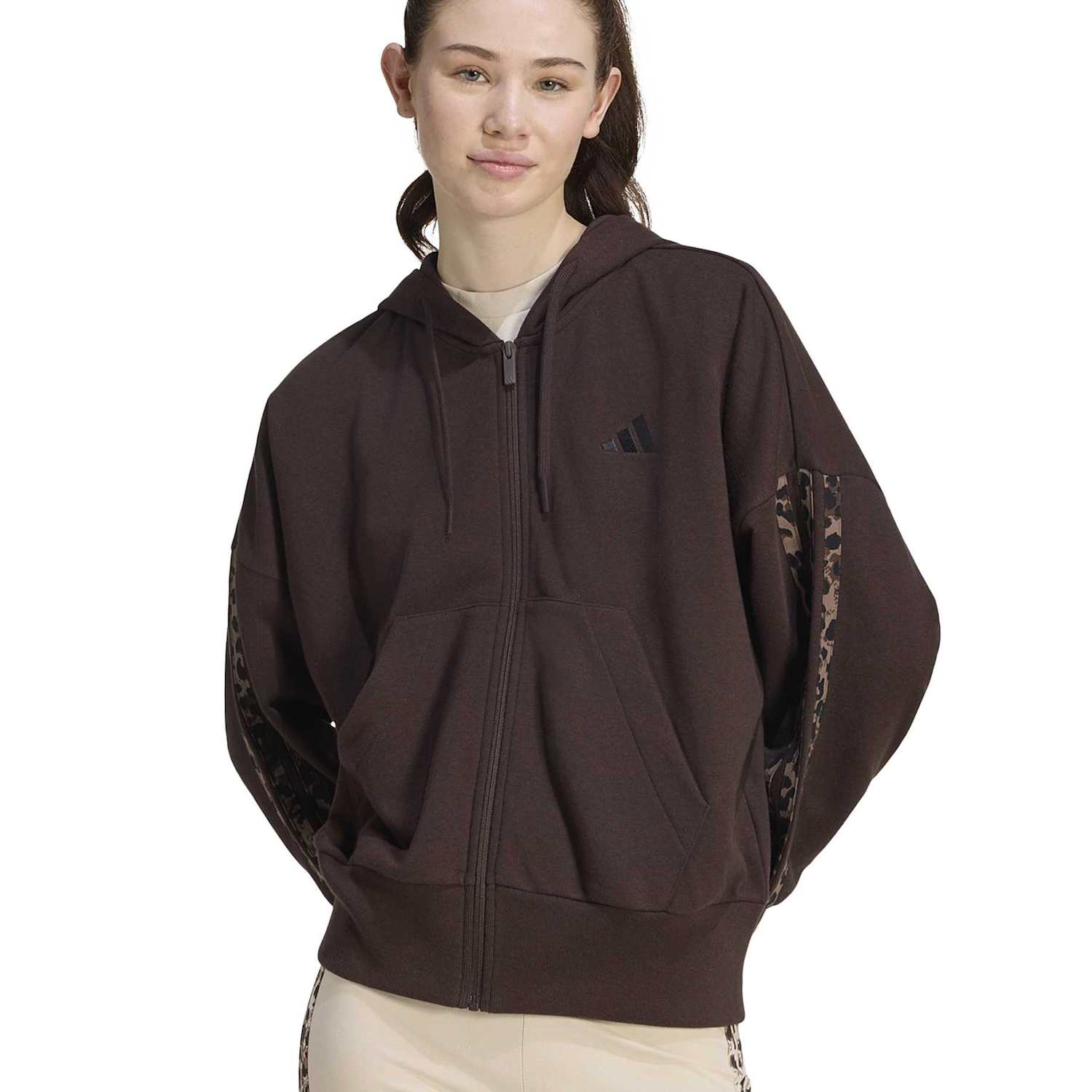 Adidas Women's Seasonal Essentials 3-Stripes Zip Up Hoodie - Medium - Dark Brown