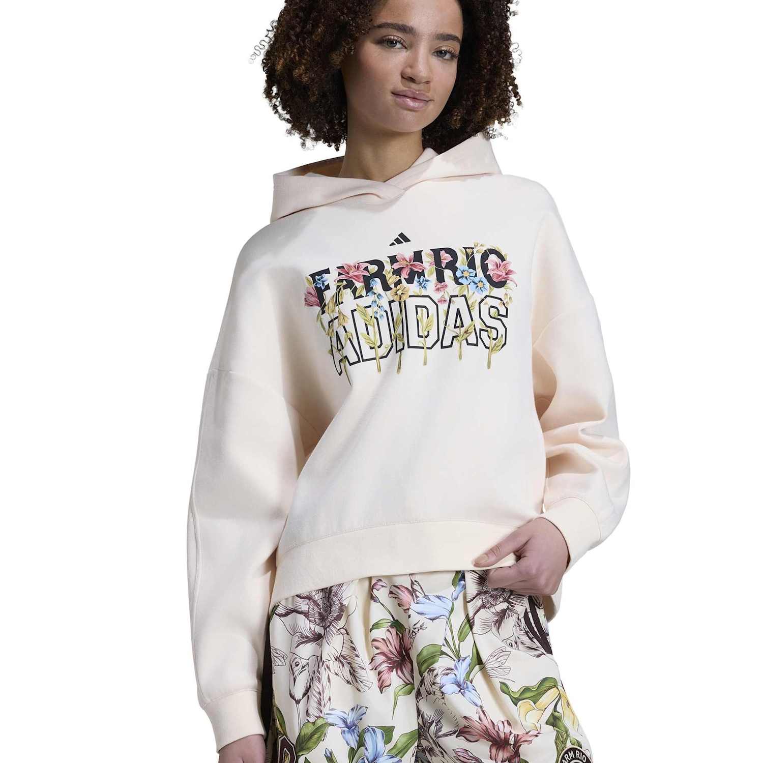Adidas Women's X FARM Rio Cotton Rich Floral Relaxed Hoodie - Small - Soft White