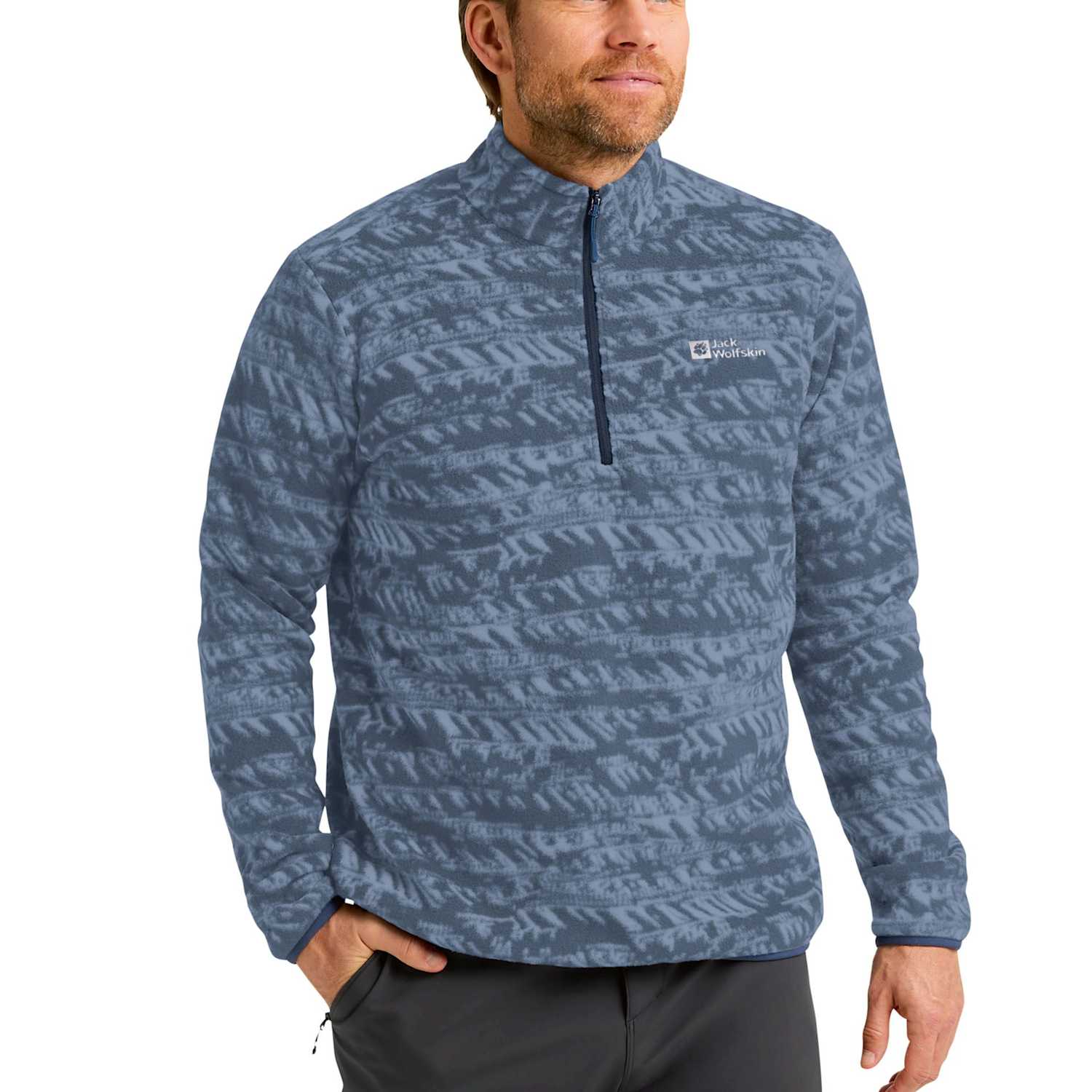 Jack Wolfskin Men's Big Sky Printed Funnel Neck Half Zip Fleece - L - Blue Mix