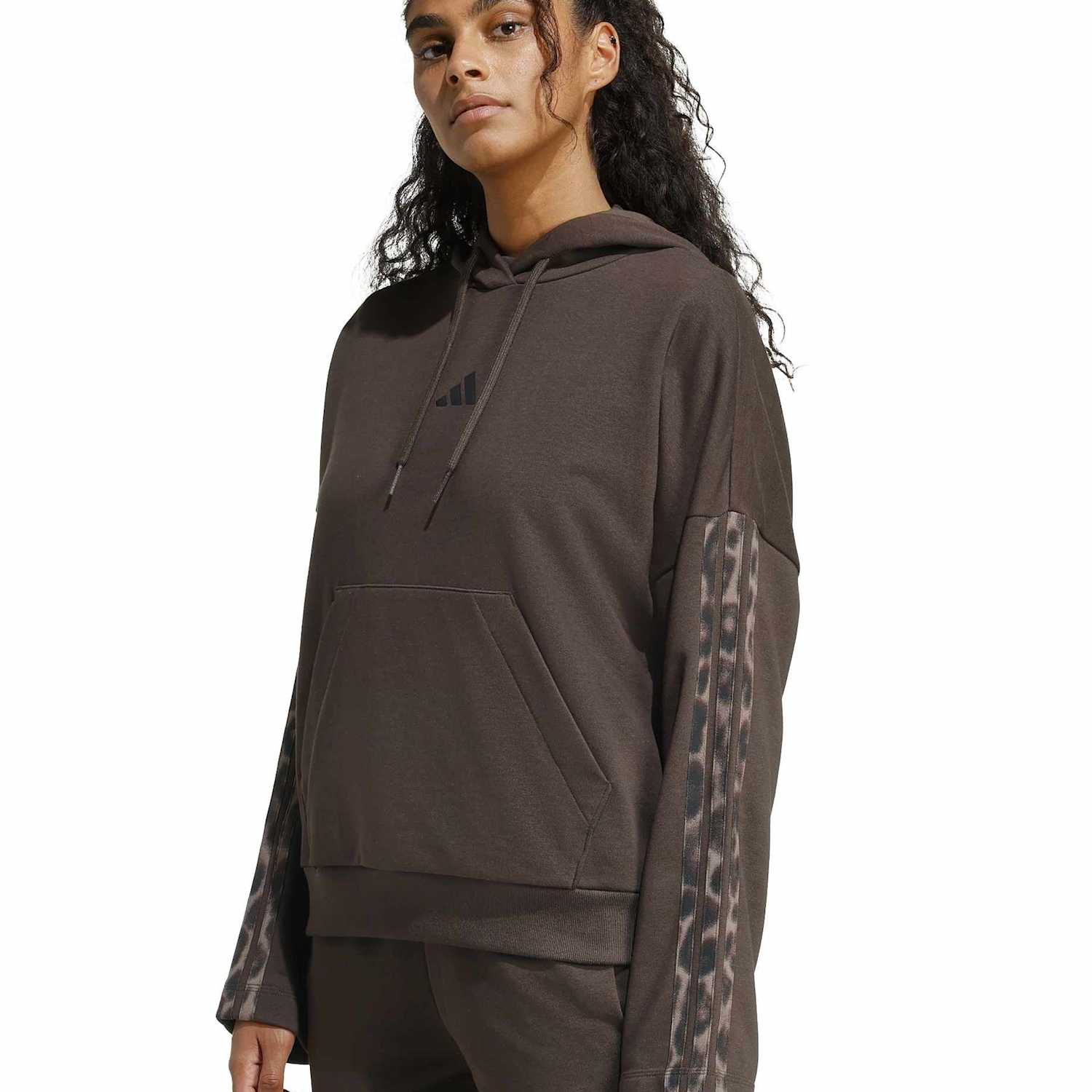Adidas Women's Leopard Print Sleeve Terry Relaxed Hoodie - Small - Brown