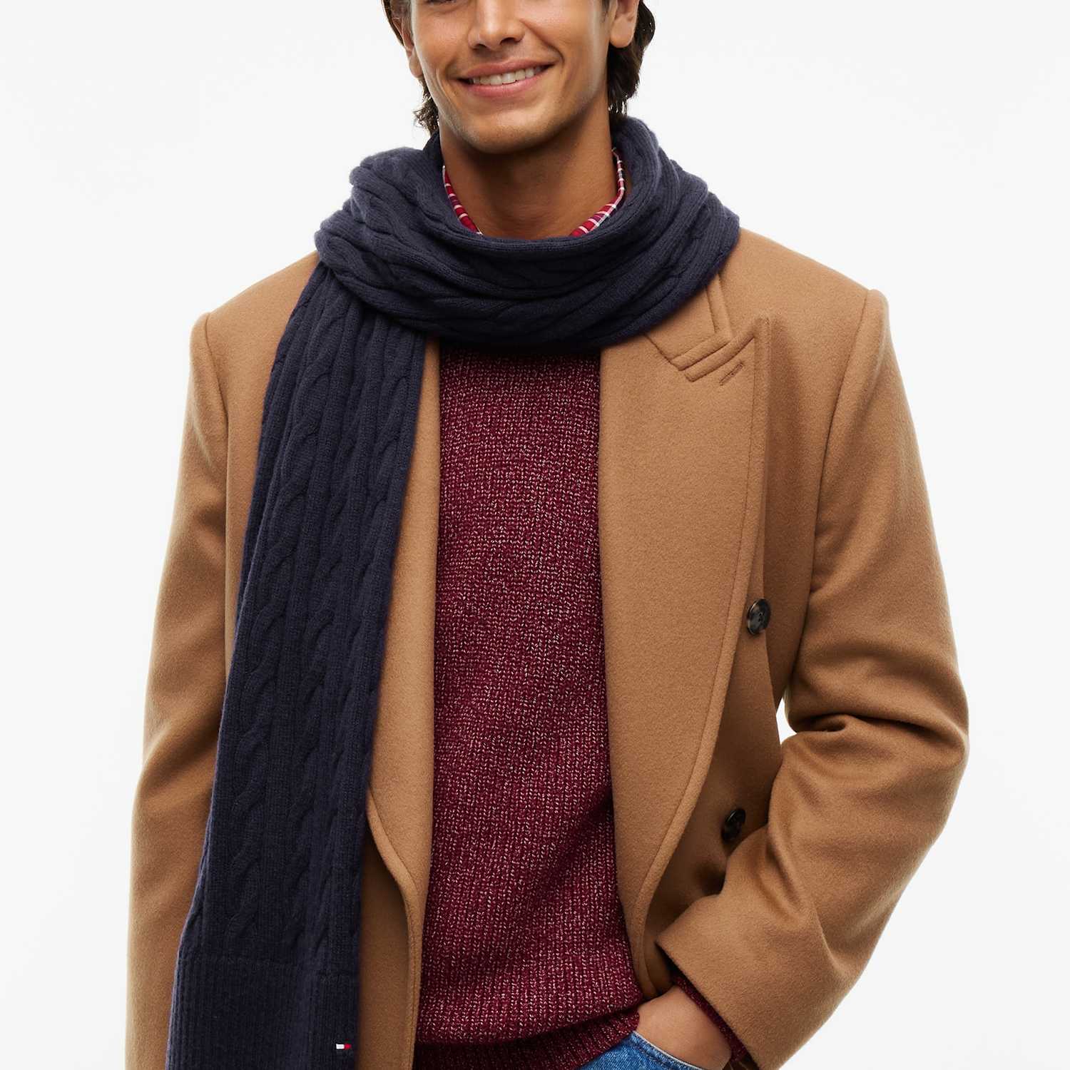 Tommy Hilfiger Plain Cable Knit Wool Scarf for Men - Dark Navy - Available at M&S