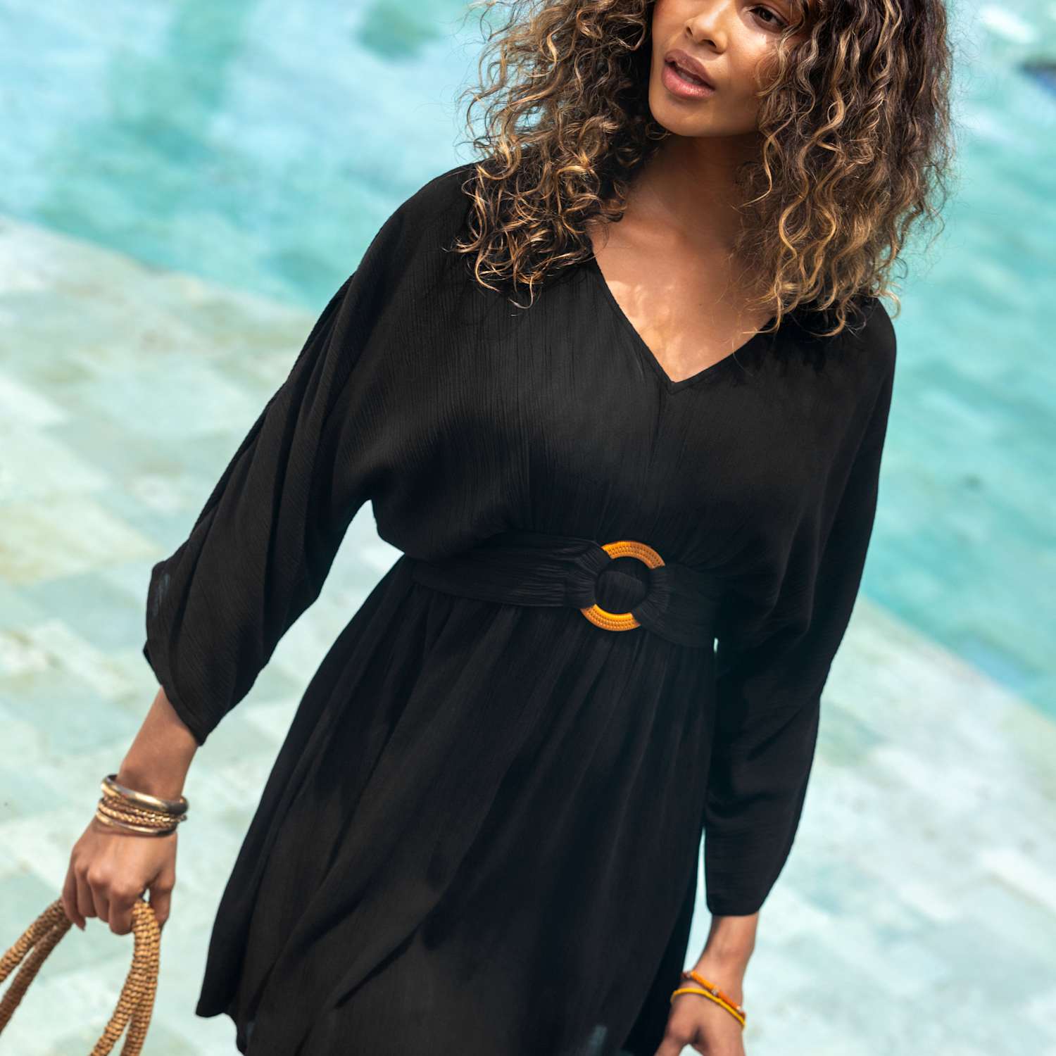Pour Moi Women's Crinkle O Ring Short Beach Kaftan - 14 - Black - Available at M&S