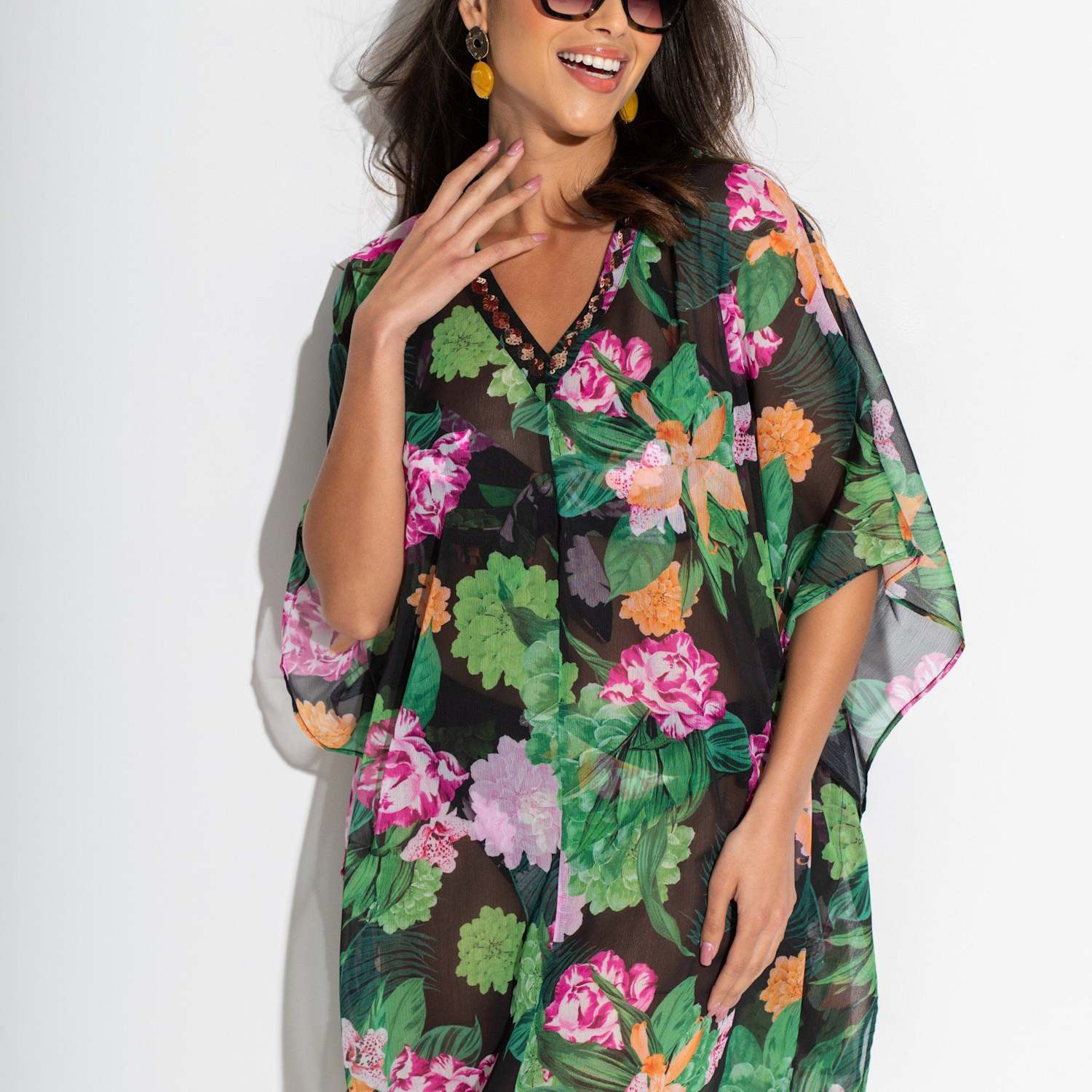 Pour Moi Women's Chiffon V Neck Embellished Kaftan - 12-14 - Black Mix - Available at M&S