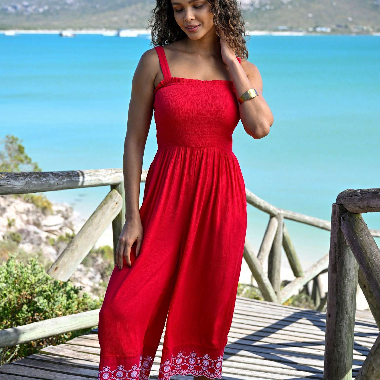 Pour Moi Women's Lauren Shirred Bodice Broderie Hem Jumpsuit - 16 - Available at M&S