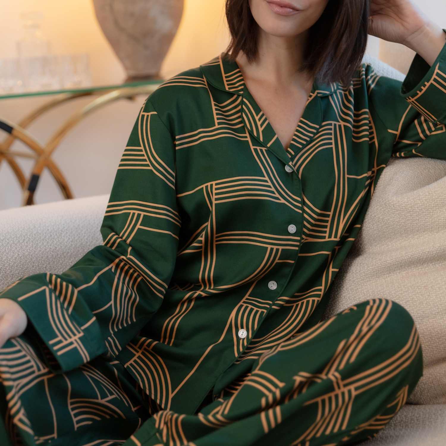 Cyberjammies Women's Fable and Eve Cotton Modal Geometric Wide Leg Pyjama Set - 12 - Green Mix - Available at M&S