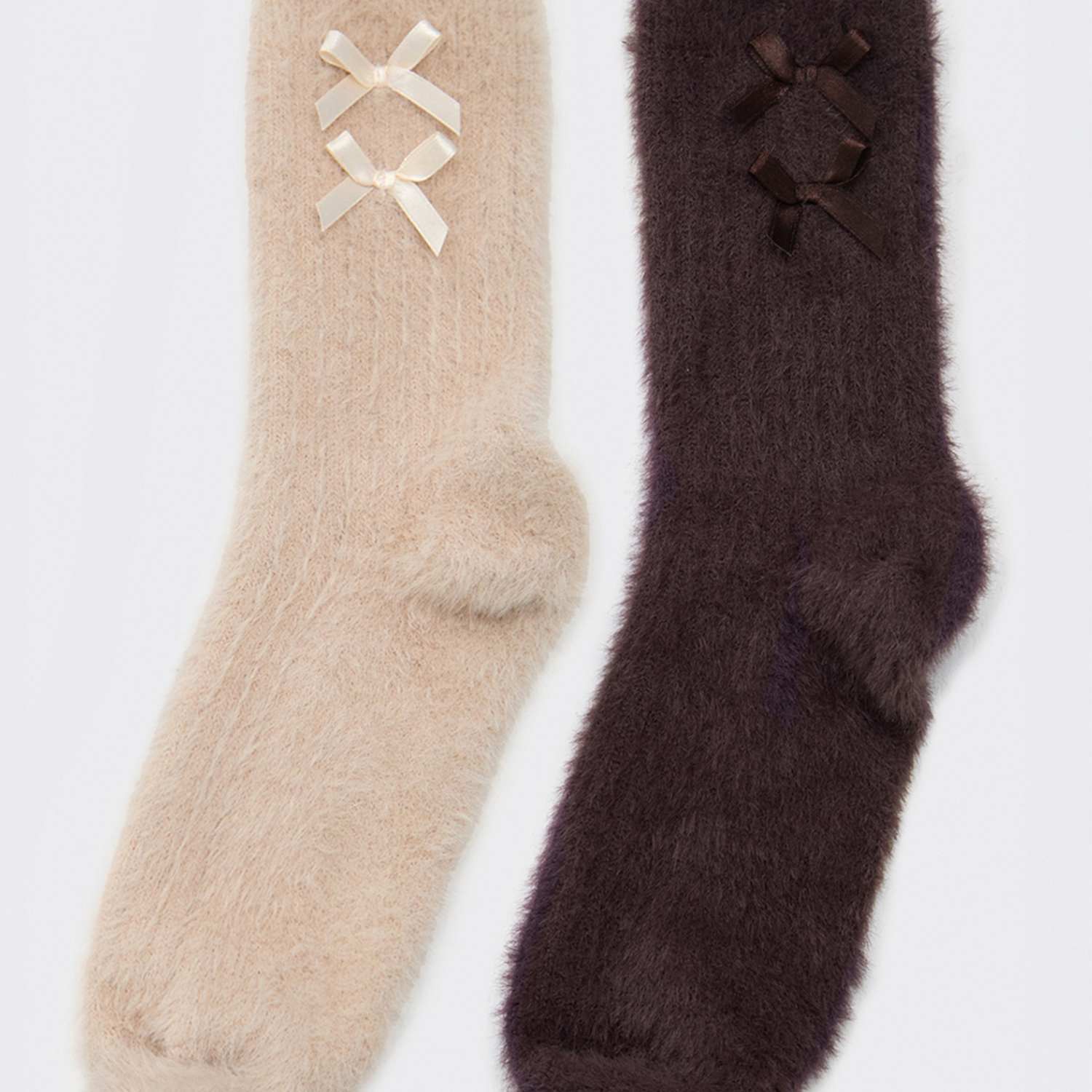 Boux Avenue Women's 2 Pack Bow Trim Ribbed Fluffy Socks - Natural Mix - Available at M&S