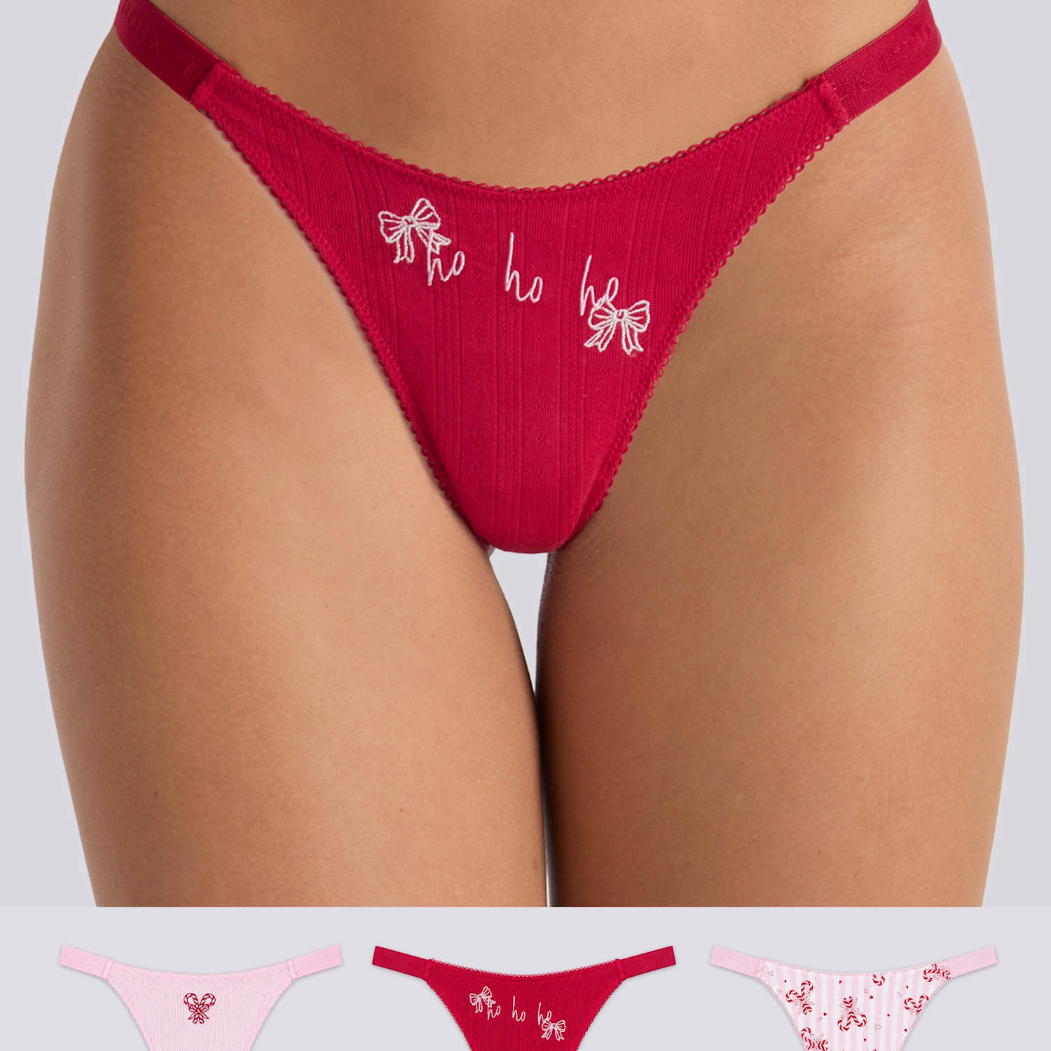 Boux Avenue Women's 3 Pack Christmas Cotton Rich High Leg Thongs - 16 - Red Mix - Available at M&S