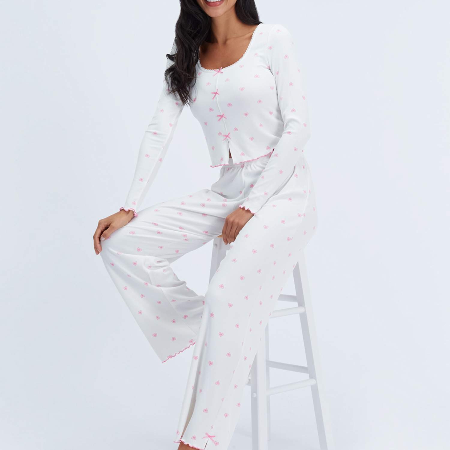 Boux Avenue Women's Heart Ribbed Bow Pyjama Set - 6 - Ivory Mix - Available at M&S