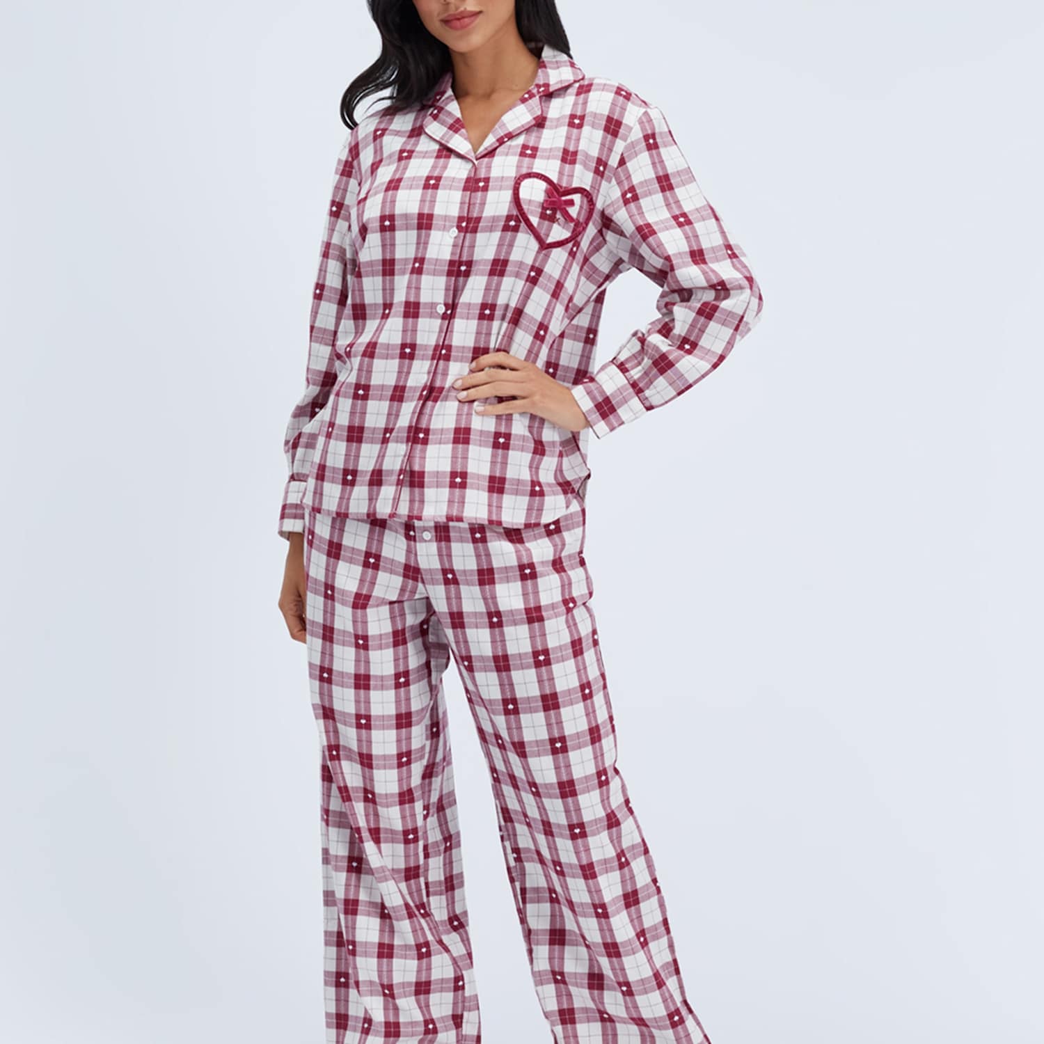Boux Avenue Women's Pure Cotton Checked Heart Pyjama Set - 8 - Burgundy - Available at M&S