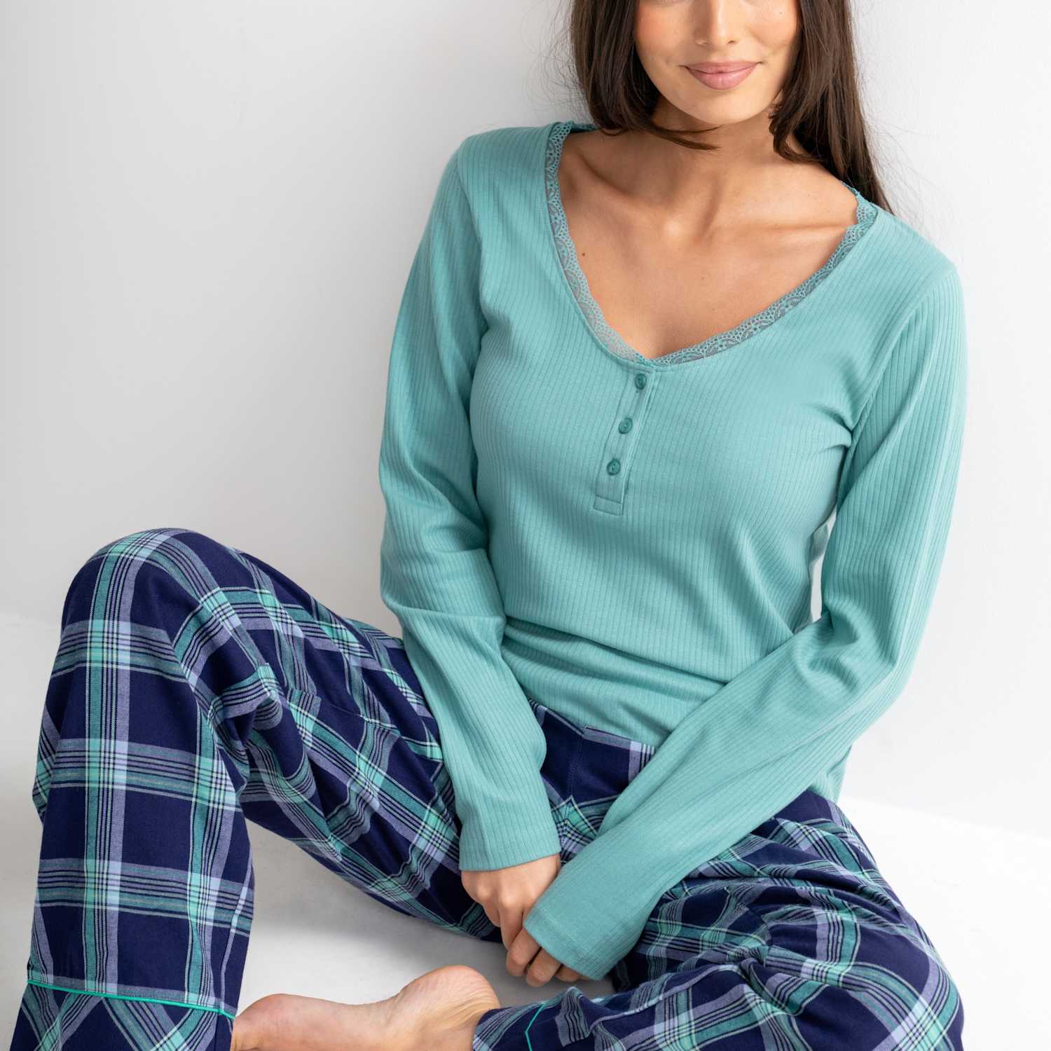 Pour Moi Women's Ribbed Lace Trim Checked Pyjama Set - 10 - Navy Mix - Available at M&S
