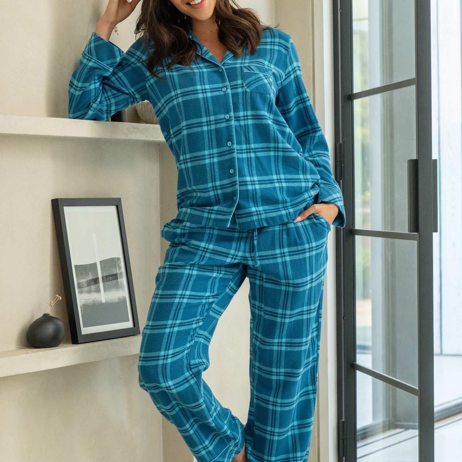 Pour Moi Women's Pure Cotton Check Pyjama Set - 18 - Blue Mix - Available at M&S