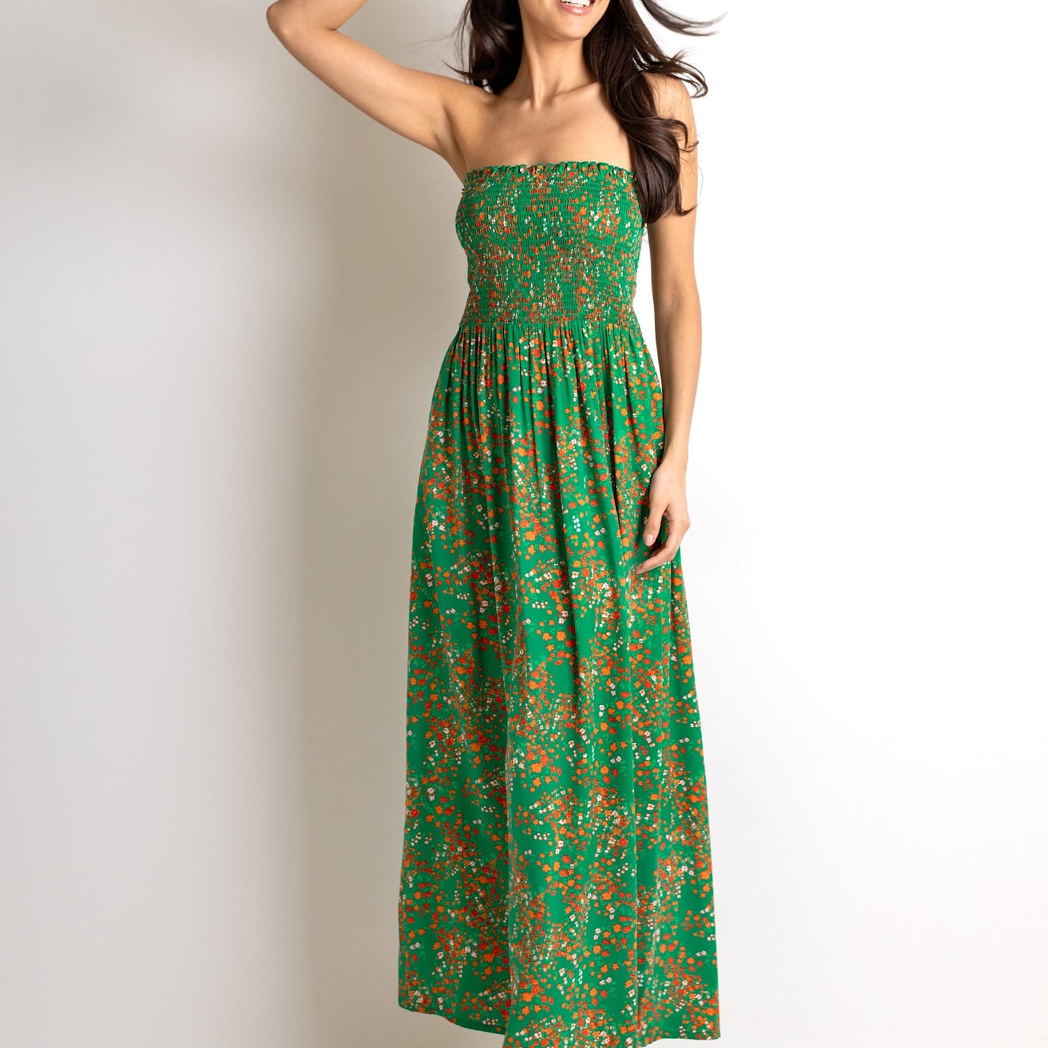 Pour Moi Women's Emma Strapless Shirred Bodice Woven Maxi Beach Dress - 14 - Green Mix - Available at M&S