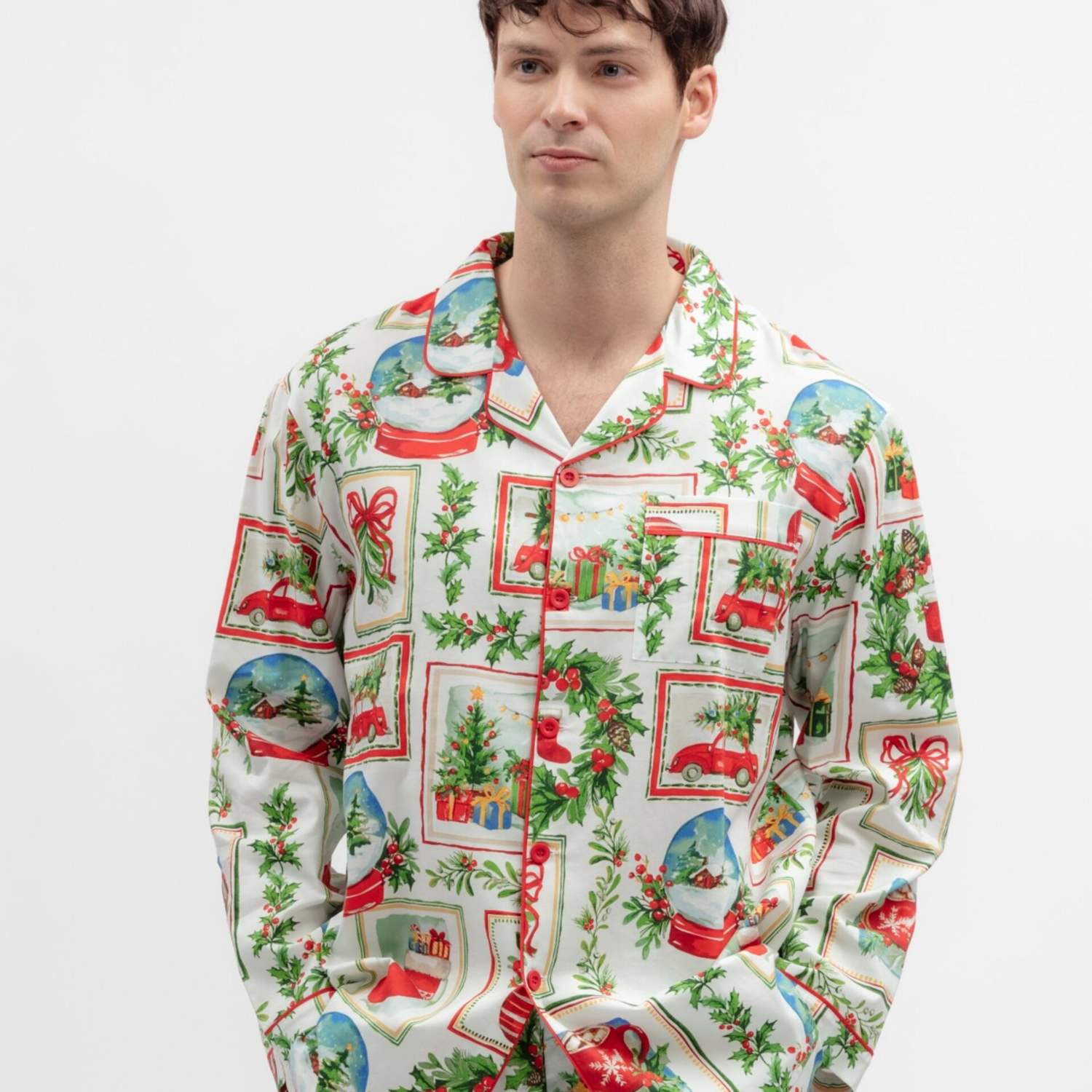 Cyberjammies Men's Cotton Modal Family Christmas Postcard Pyjama Top - M - Red Mix - Available at M&S