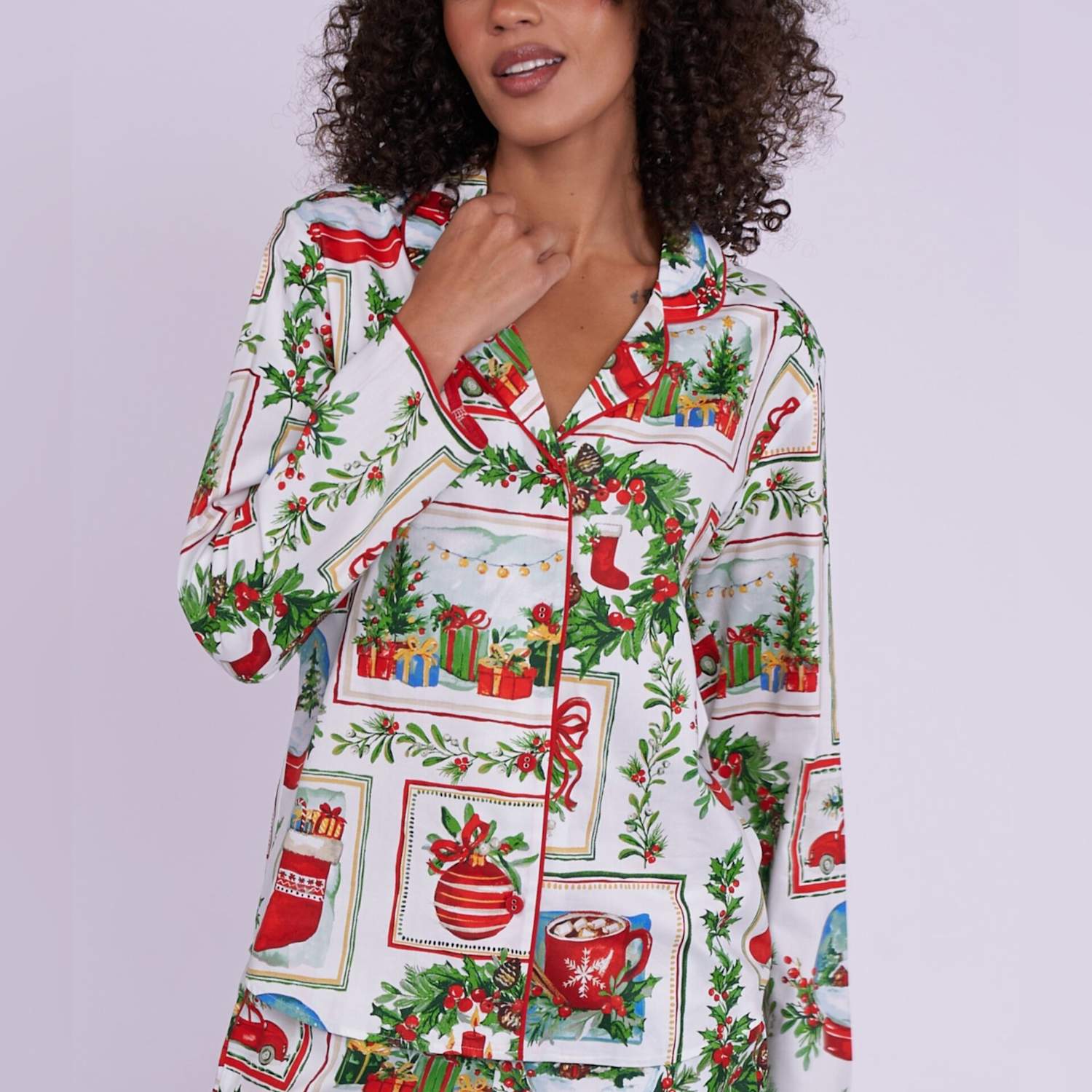 Cyberjammies Women's Cotton Modal Family Christmas Postcard Pyjama Top - 8 - Red Mix - Available at M&S
