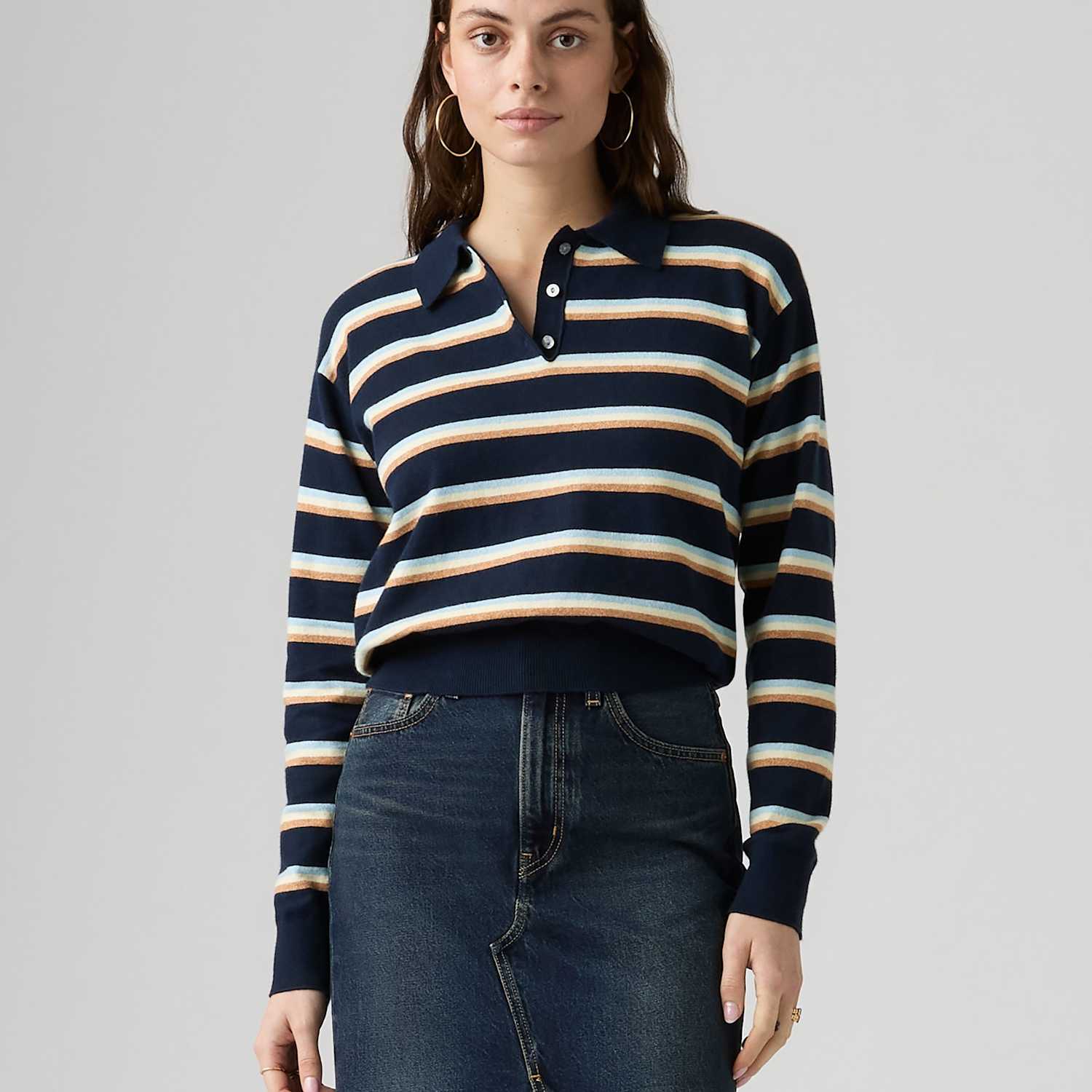Levi's Women's Cotton Blend Striped Polo Neck Jumper - Medium - Navy Mix - Available at M&S