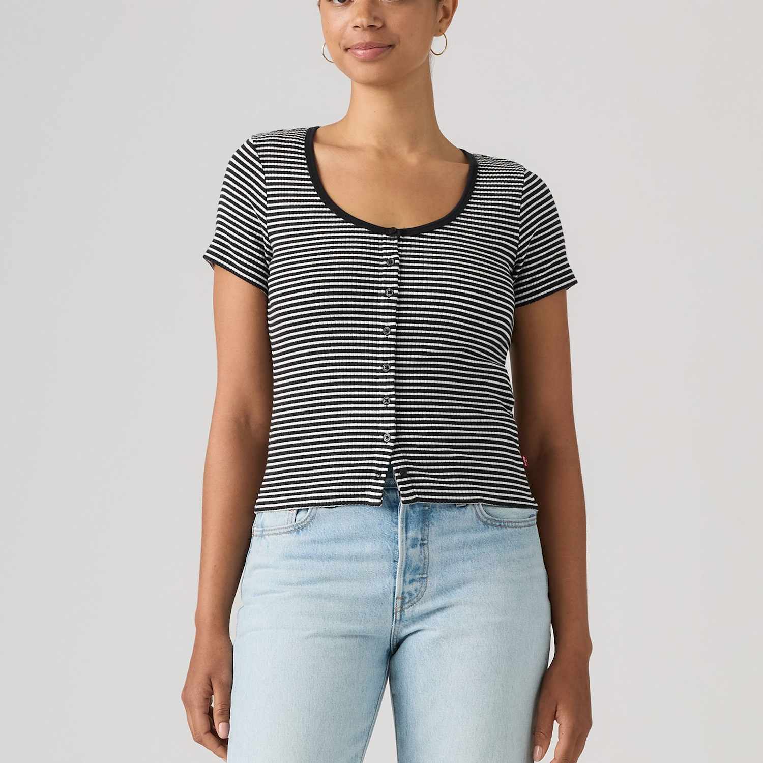 Levi's Women's Cotton Rich Striped Button Through Top - Large - Black Mix - Available at M&S