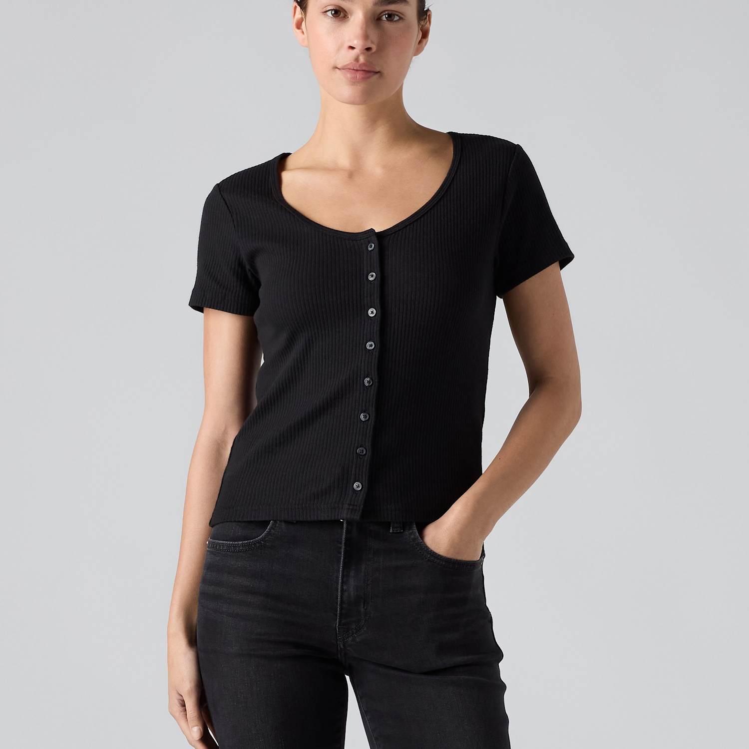 Levi's Women's Cotton Rich Ribbed Button Through Top - Medium - Black - Available at M&S