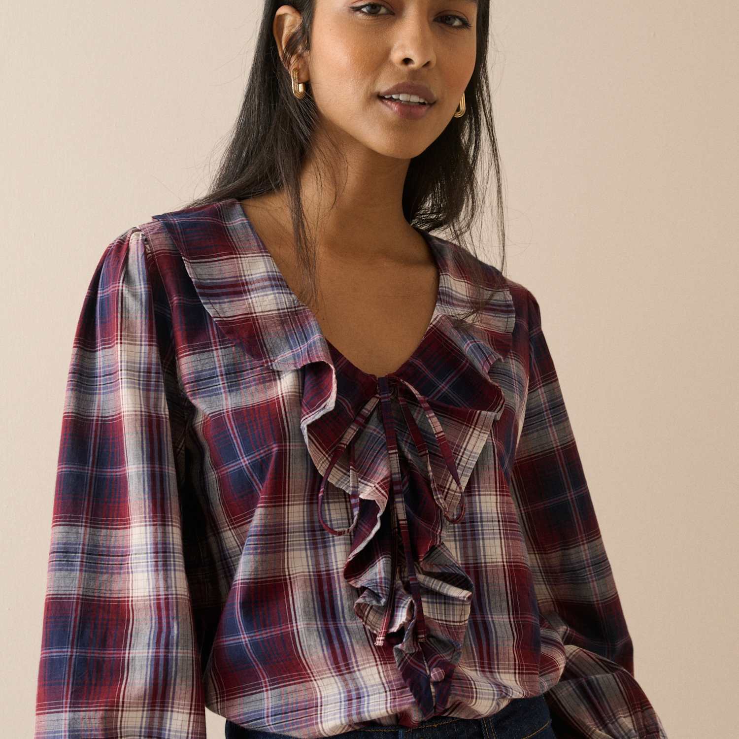 Nobody's Child Women's Checked V-Neck Frill Detail Blouse - 8 - Red Mix - Available at M&S