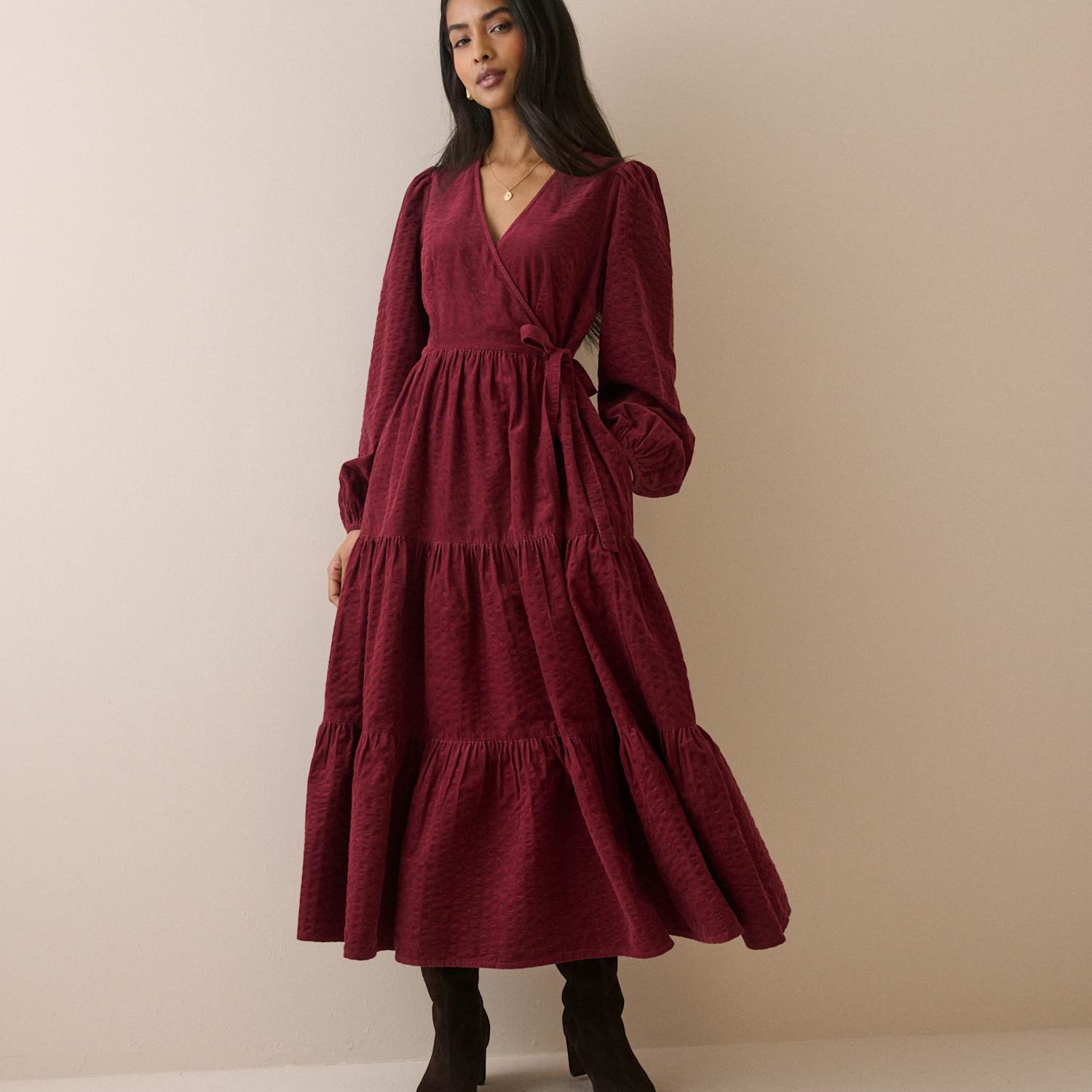 Nobody's Child Women's Pure Cotton Cord V-Neck Midi Waisted Dress - 16 - Burgundy - Available at M&S