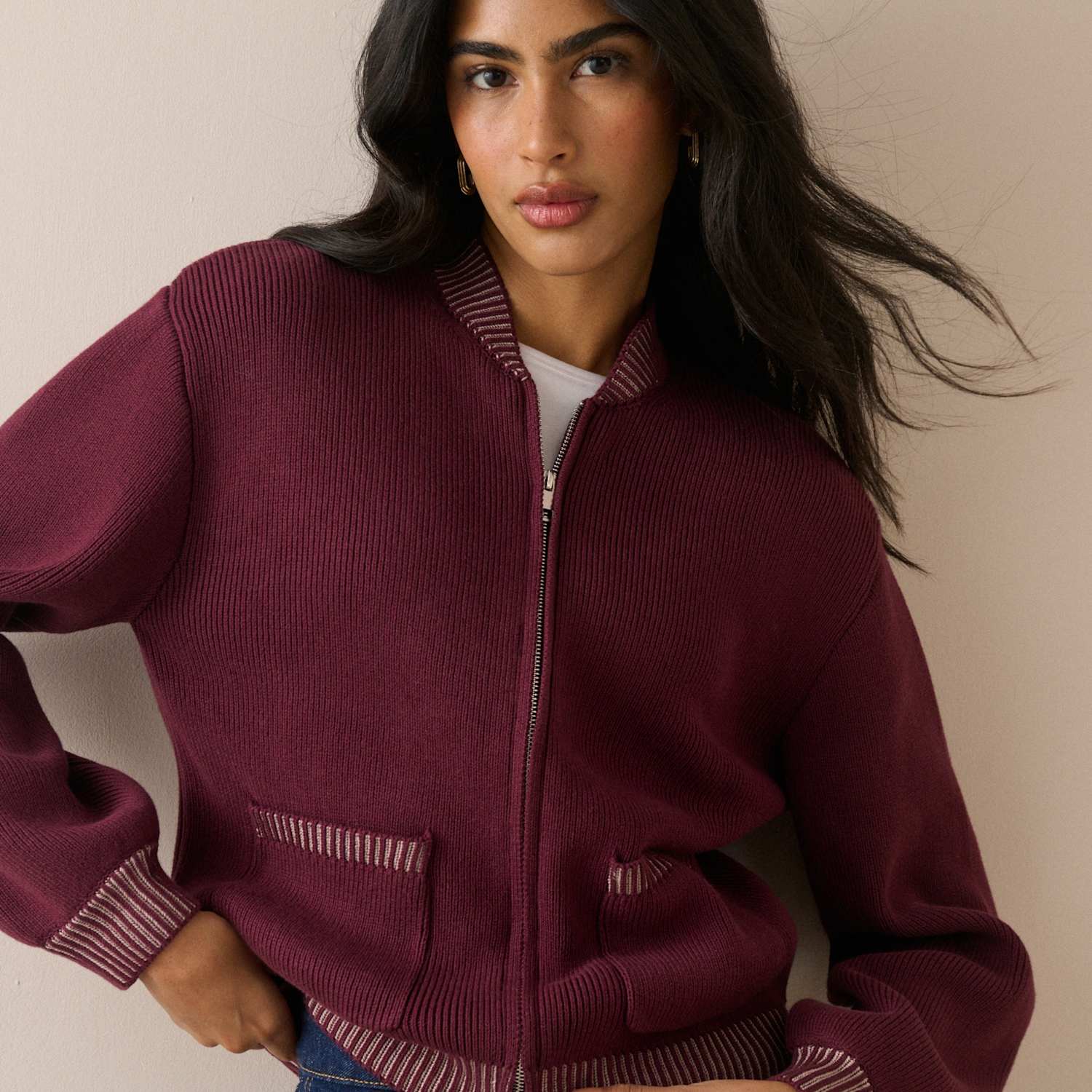 Nobody's Child Women's Pure Cotton Relaxed Knitted Bomber Jacket - Extra Small - Burgundy - Available at M&S