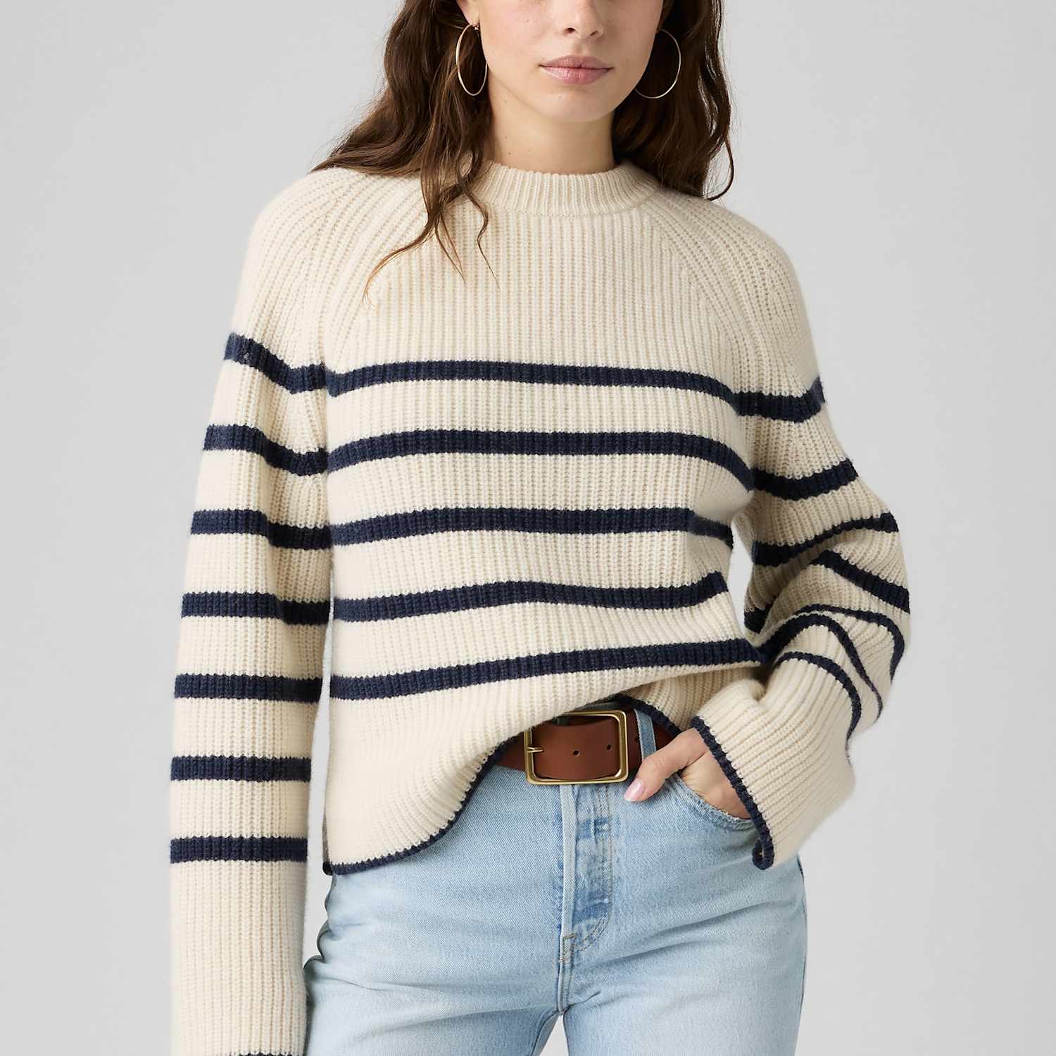 Levi's Women's Wool Rich Striped Ribbed Crew Neck Jumper - Small - White Mix - Available at M&S