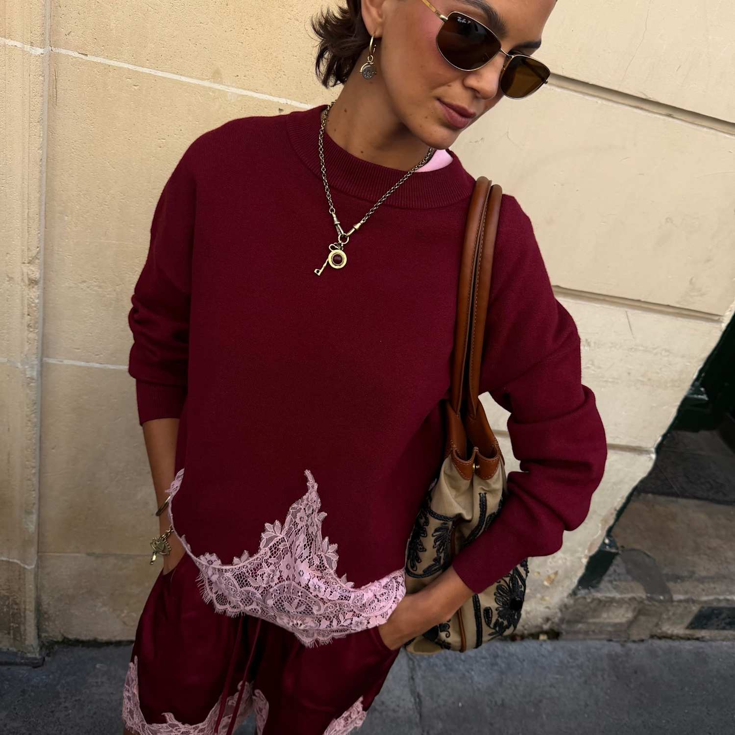 Never Fully Dressed Women's Lace Detail Relaxed Jumper - Extra Large - Burgundy Mix - Available at M&S
