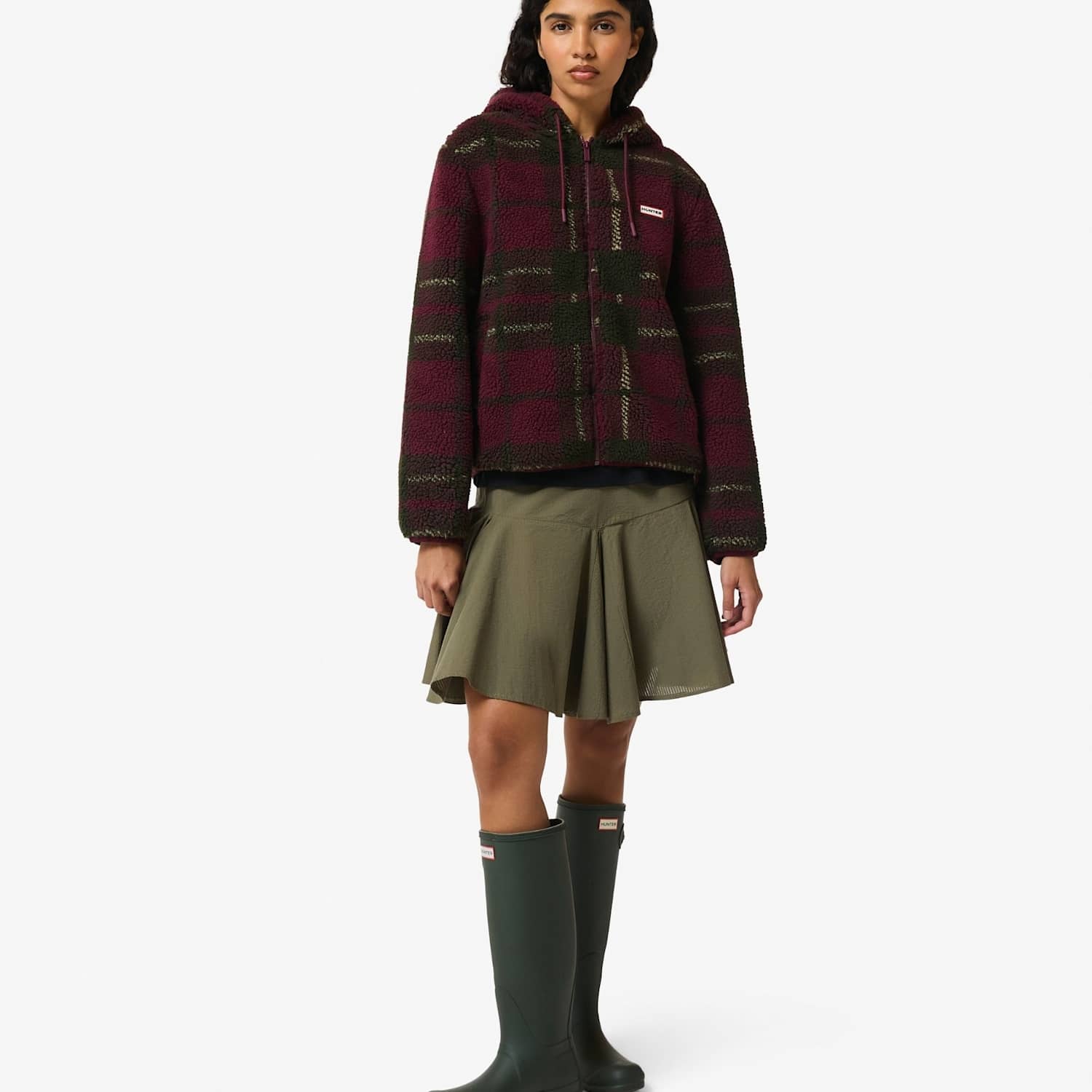 Hunter Women's Borg Checked Hooded Jacket - Large - Burgundy Mix - Available at M&S