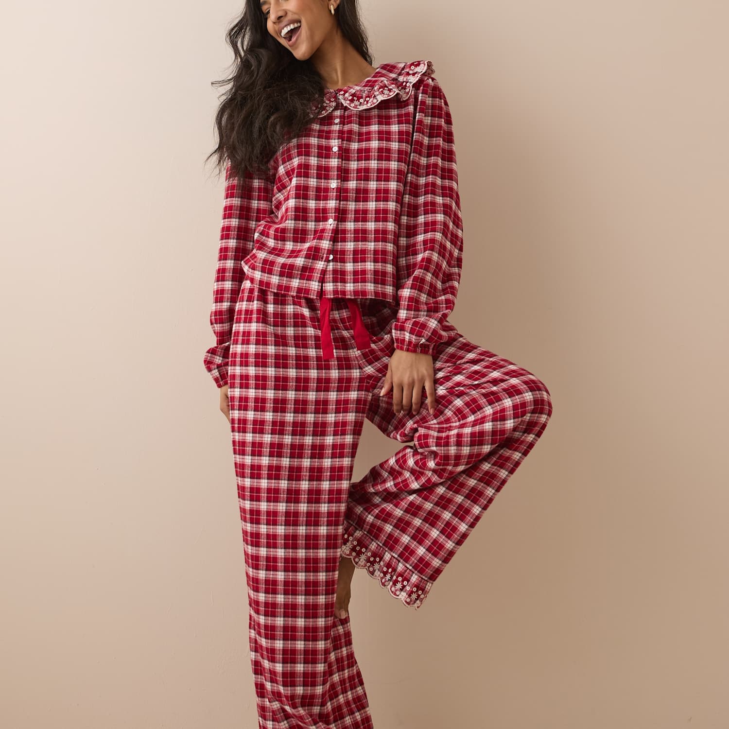 Nobody's Child Women's Pure Cotton Brushed Checked Frill Pyjama Bottoms - Extra Large - Red - Available at M&S