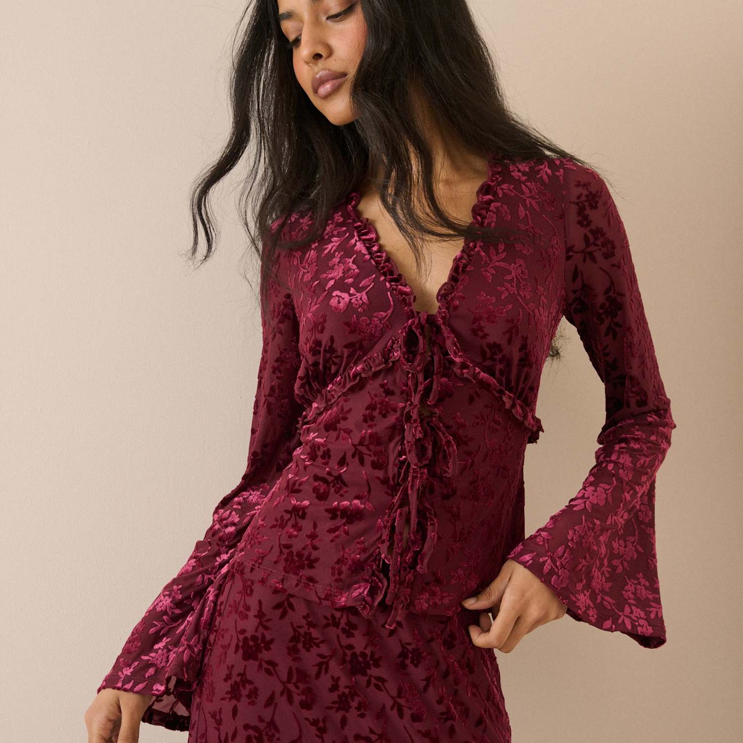 Nobody's Child Women's Devore Tie Front Frill Detail Top - Medium - Burgundy - Available at M&S