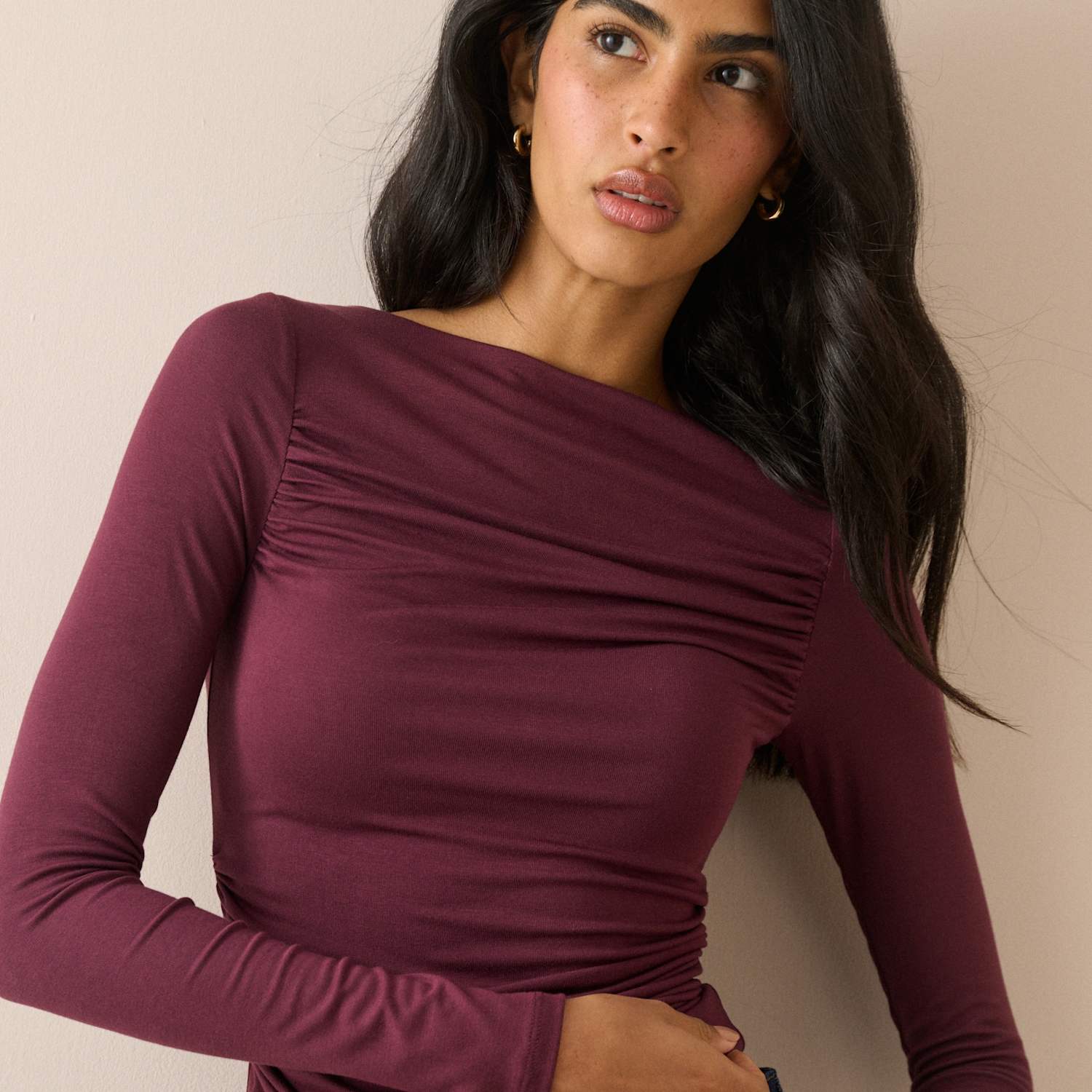 Nobody's Child Women's Ruched Side Long Sleeve Top - Extra Small - Burgundy - Available at M&S