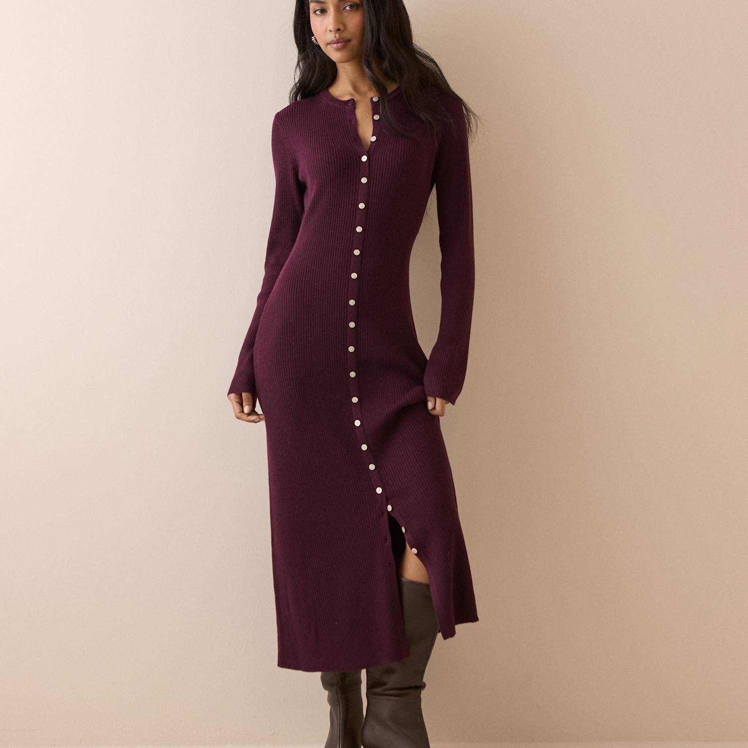 Nobody's Child Women's Knitted Button Through Midi Bodycon Dress - Extra Small - Burgundy - Available at M&S