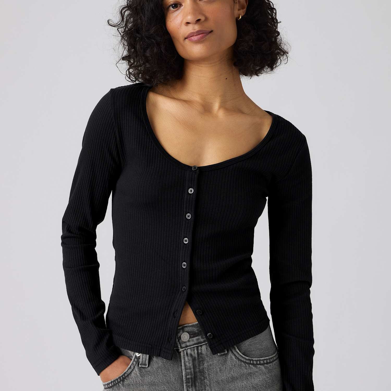 Levi's Women's Cotton Rich Round Neck Button Through Top - Small - Black - Available at M&S
