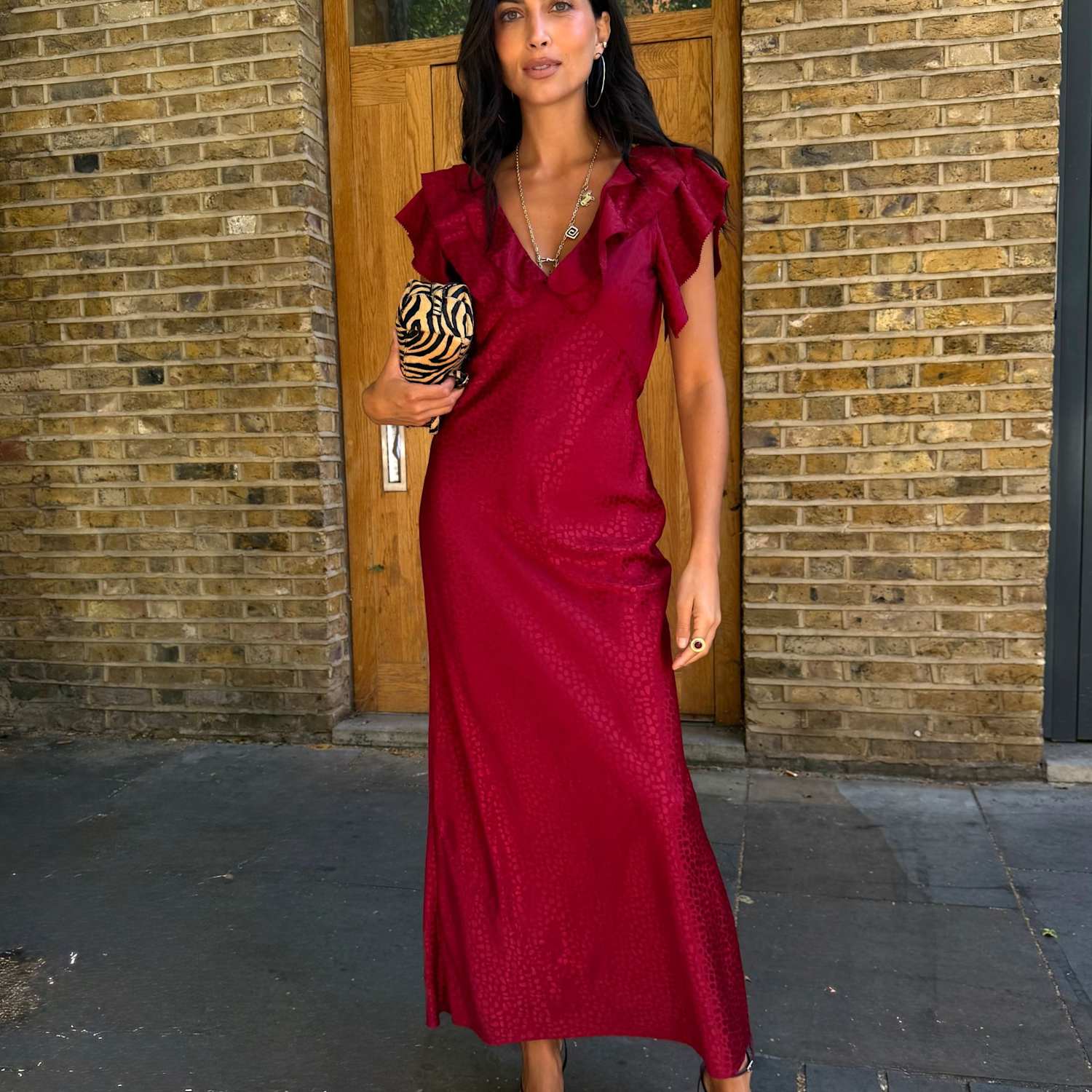 Never Fully Dressed Women's Printed V Neck Frill Maxi Dress - 22 - Burgundy Mix - Available at M&S
