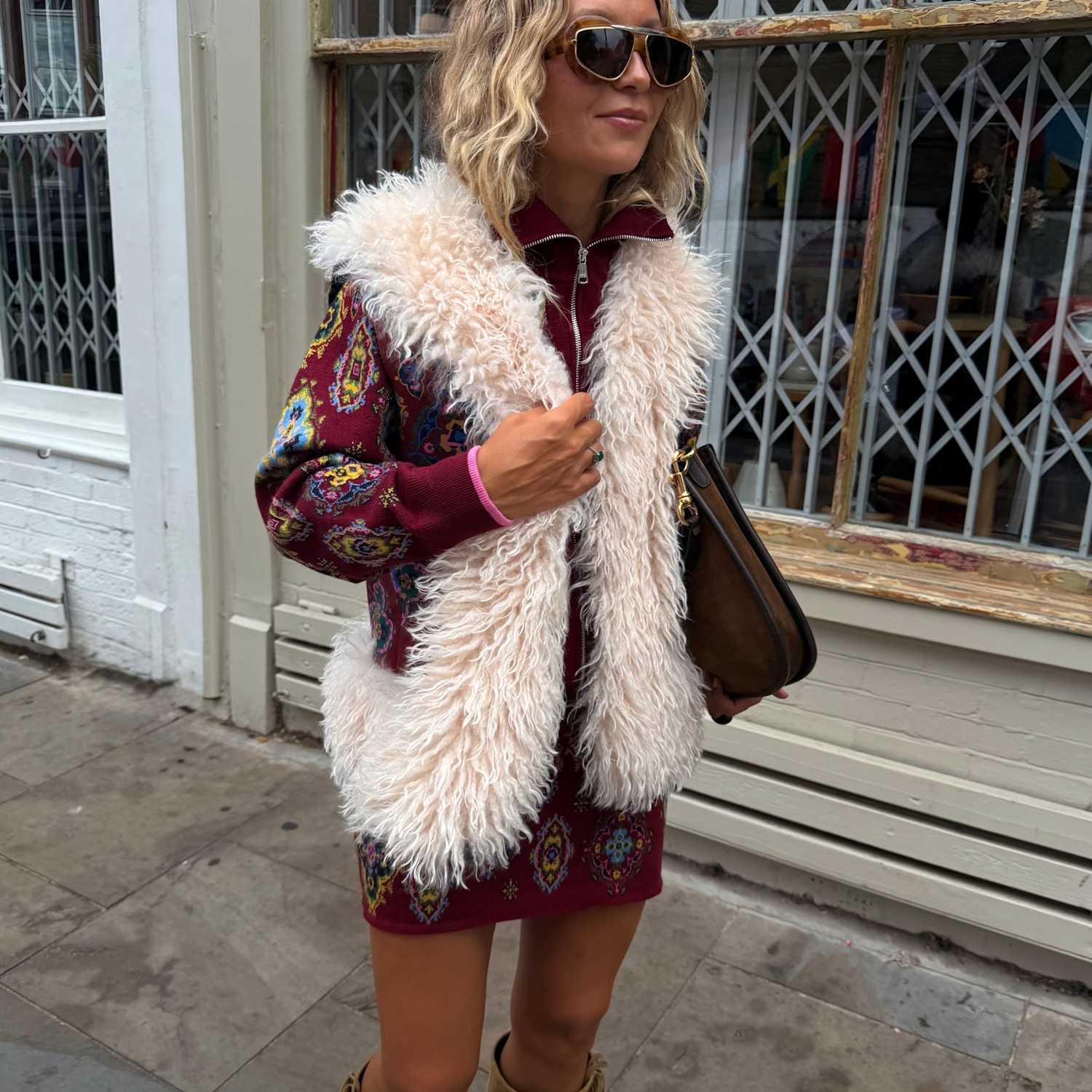 Never Fully Dressed Women's Pure Cotton Faux Fur Trim Printed Gilet - Large - Burgundy Mix - Available at M&S