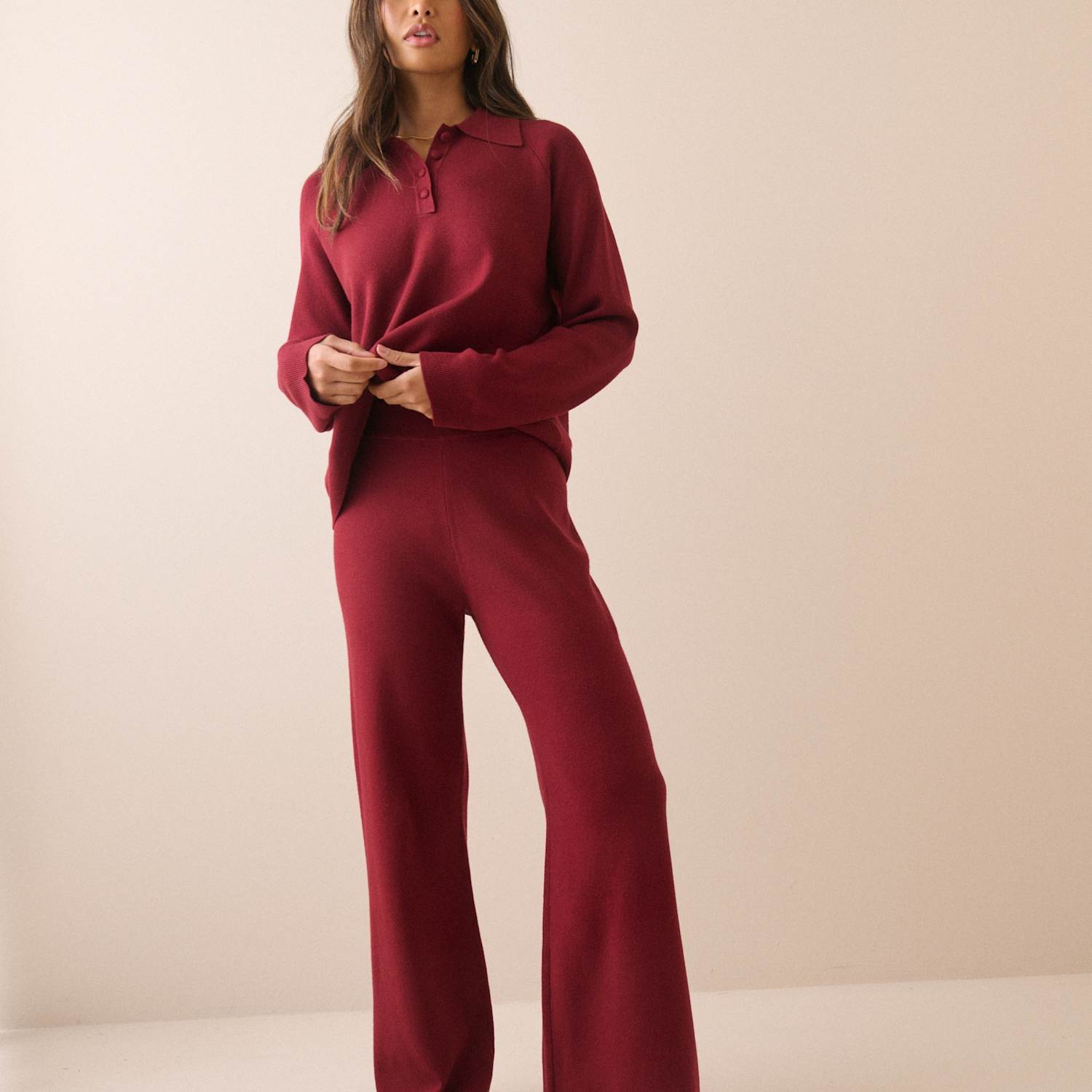 Nobody's Child X Louise Thompson Women's Compact Fine Gauge Wide Leg Lounge Trousers - Extra Small - Burgundy - Available at M&S