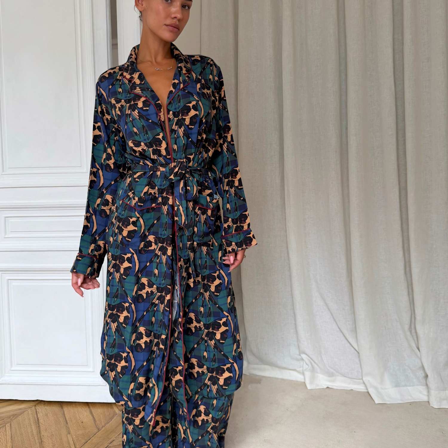 Never Fully Dressed Women's Tartan Leopard Print Bow Pyjama Set - 18 - Green Mix - Available at M&S