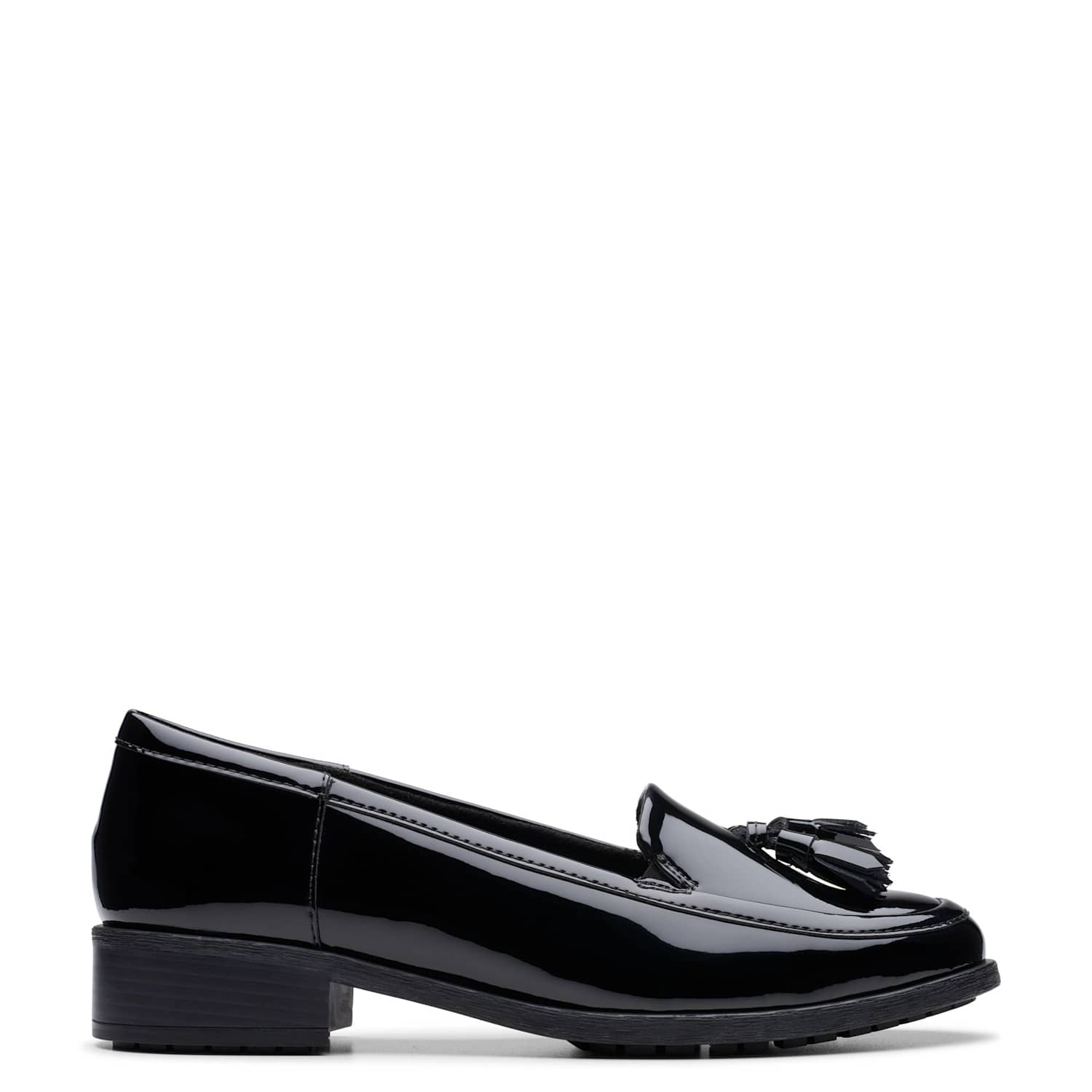Clarks Women's Wide Fit Leather Patent Block Heel Loafers - 4 - Black - Available at M&S