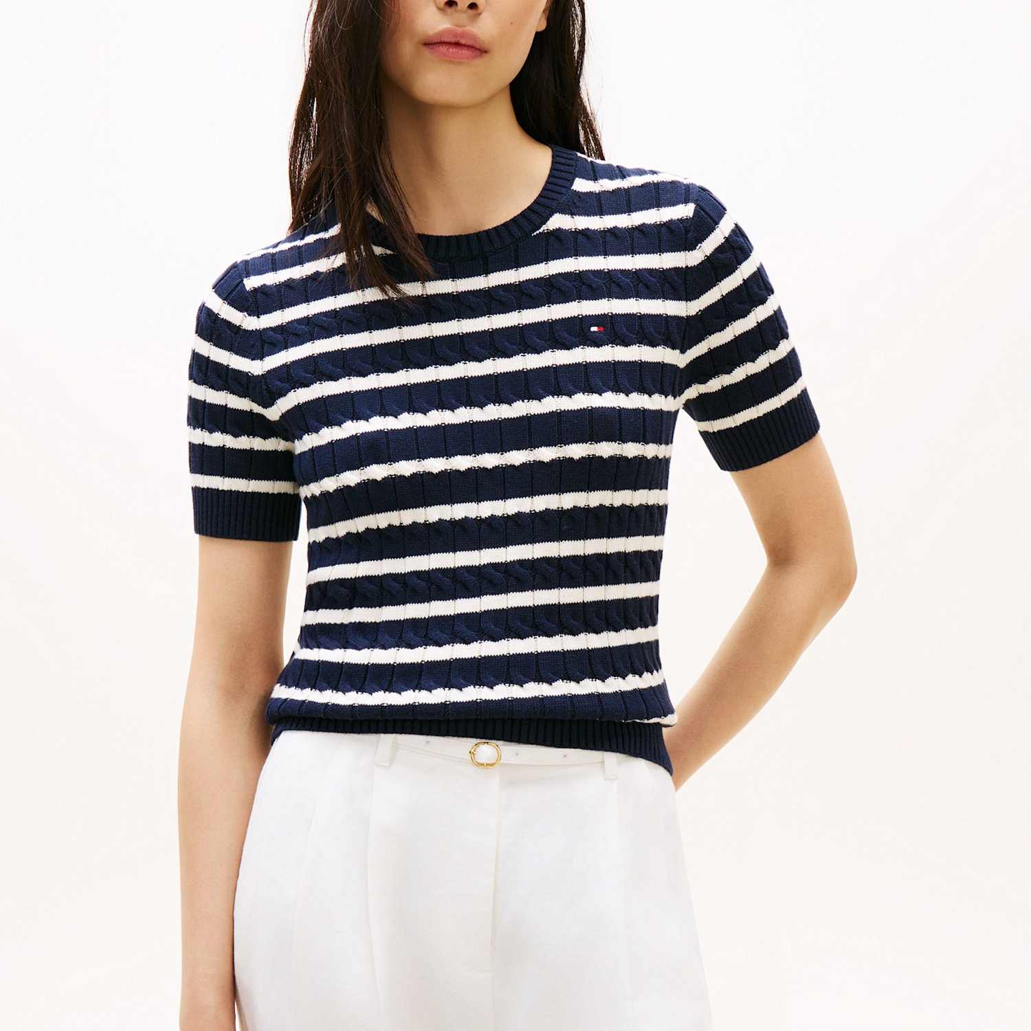Tommy Hilfiger Women's Pure Cotton Cable Knit Striped Knitted Top - Large - Navy Mix - Available at M&S