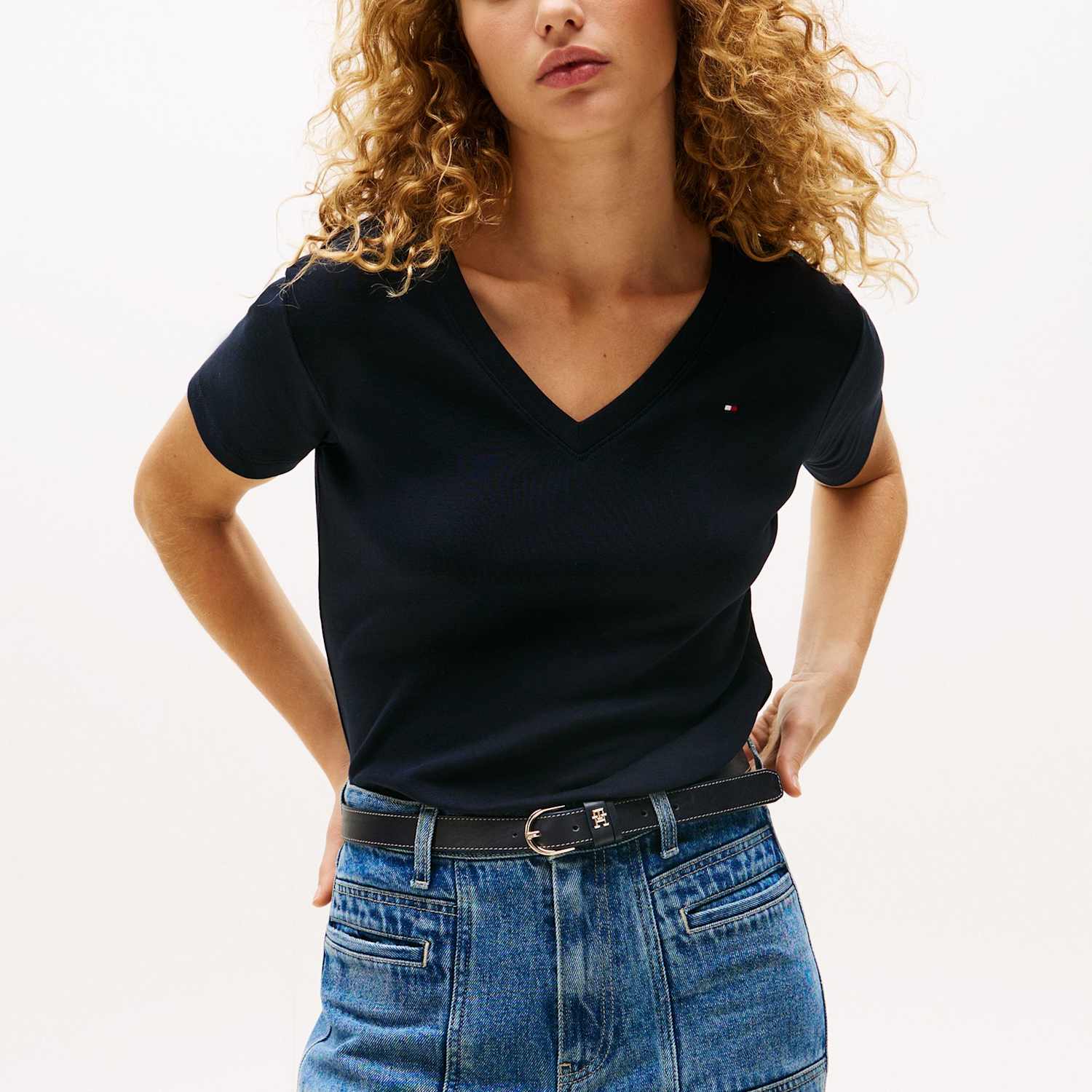 Tommy Hilfiger Women's Cody Pure Cotton V-Neck T-Shirt - Extra Small - Navy - Available at M&S